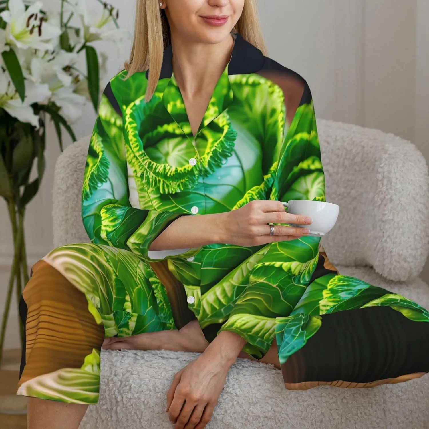 Bright Cabbage Print Winter Fall Bedtime Women Long Sleeve Pajama Set Soft Sleepwear Cozy Nightclothes