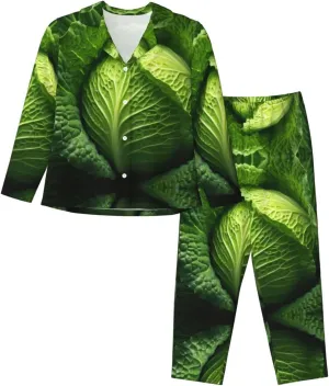 Bright Cabbage Print Women Button Pajama Set Long Sleeve Shirt and Pajama Pants Lounge Sets S-XXL