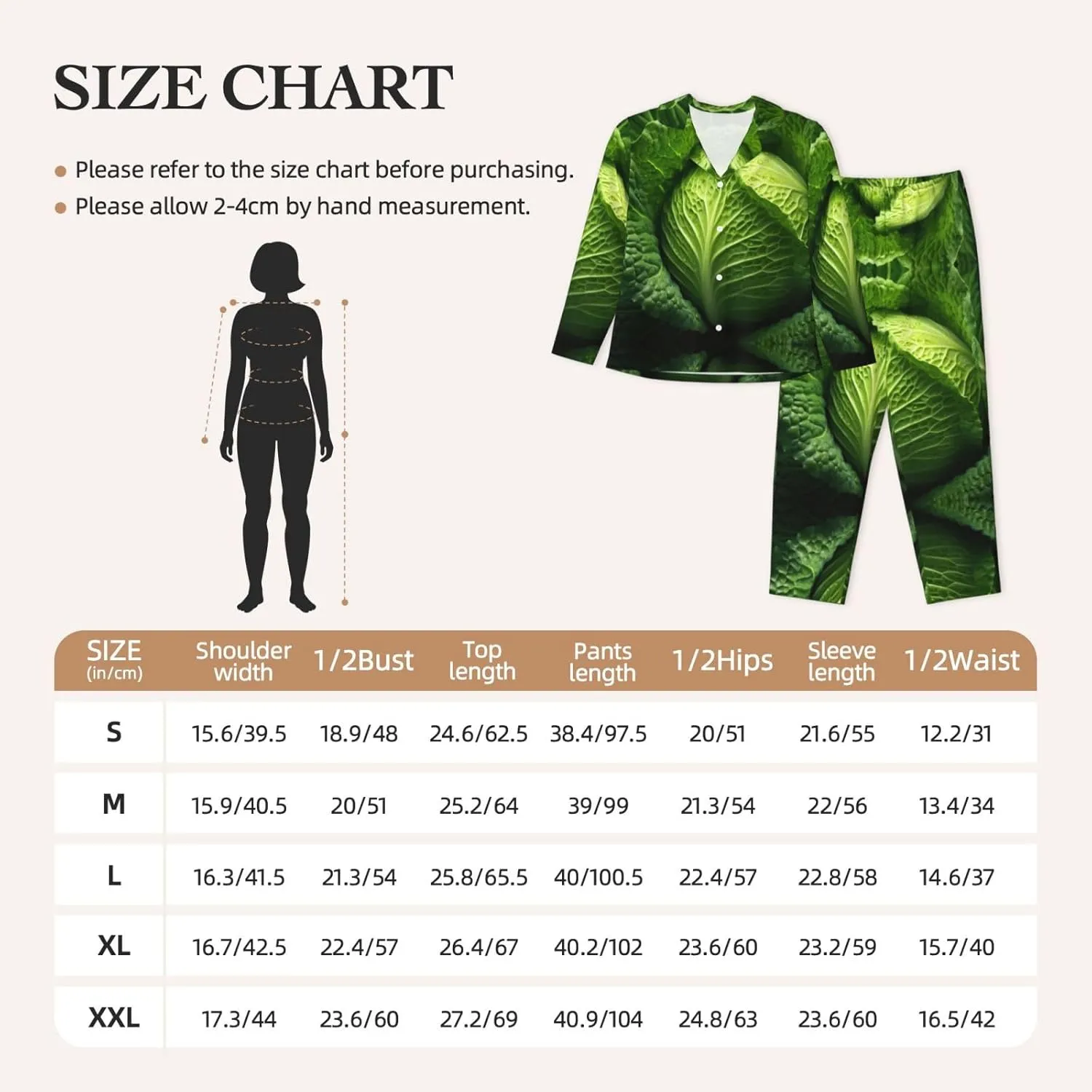 Bright Cabbage Print Women Button Pajama Set Long Sleeve Shirt and Pajama Pants Lounge Sets S-XXL