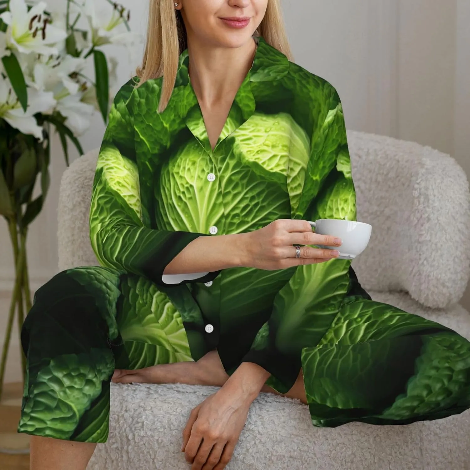 Bright Cabbage Print Women Button Pajama Set Long Sleeve Shirt and Pajama Pants Lounge Sets S-XXL