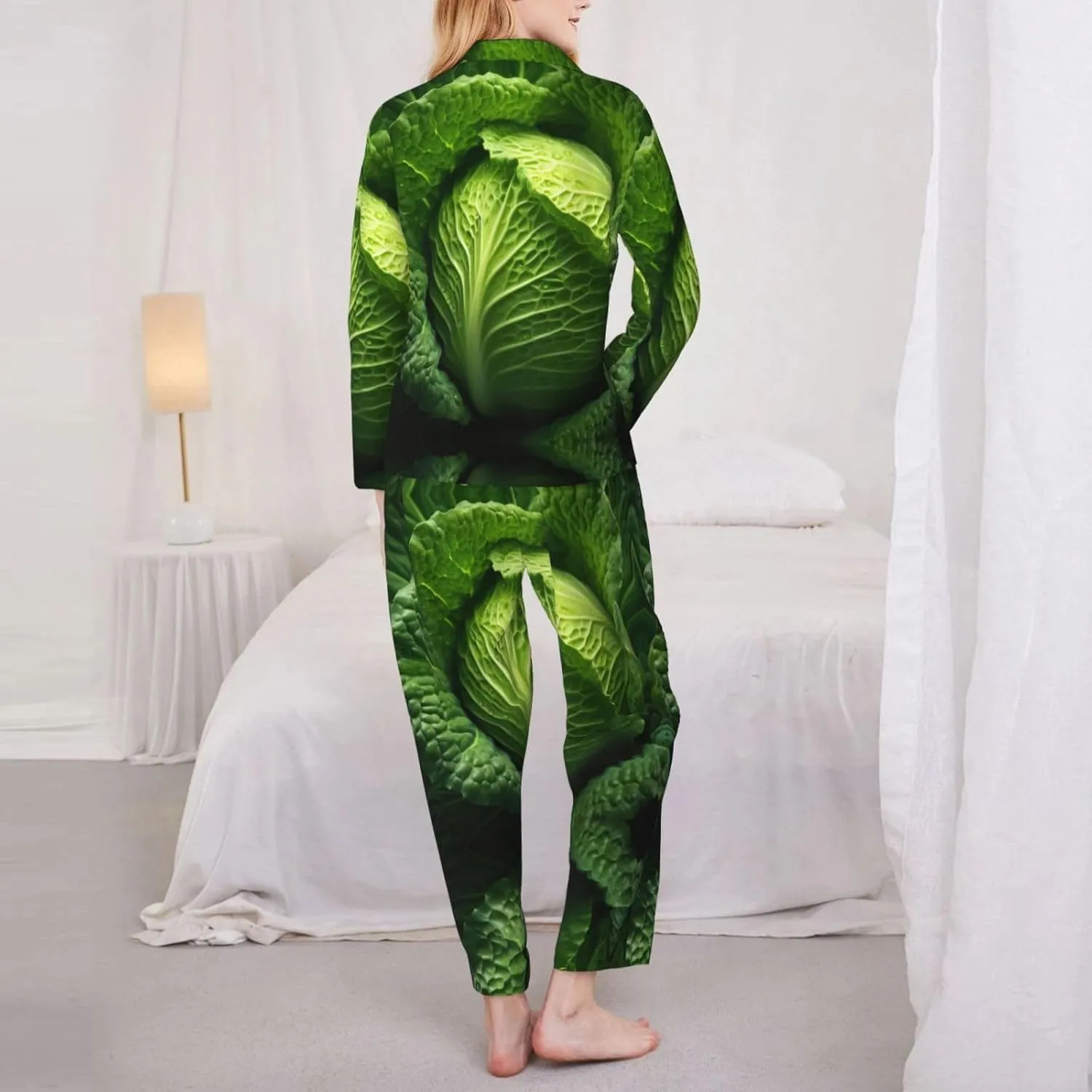Bright Cabbage Print Women Button Pajama Set Long Sleeve Shirt and Pajama Pants Lounge Sets S-XXL