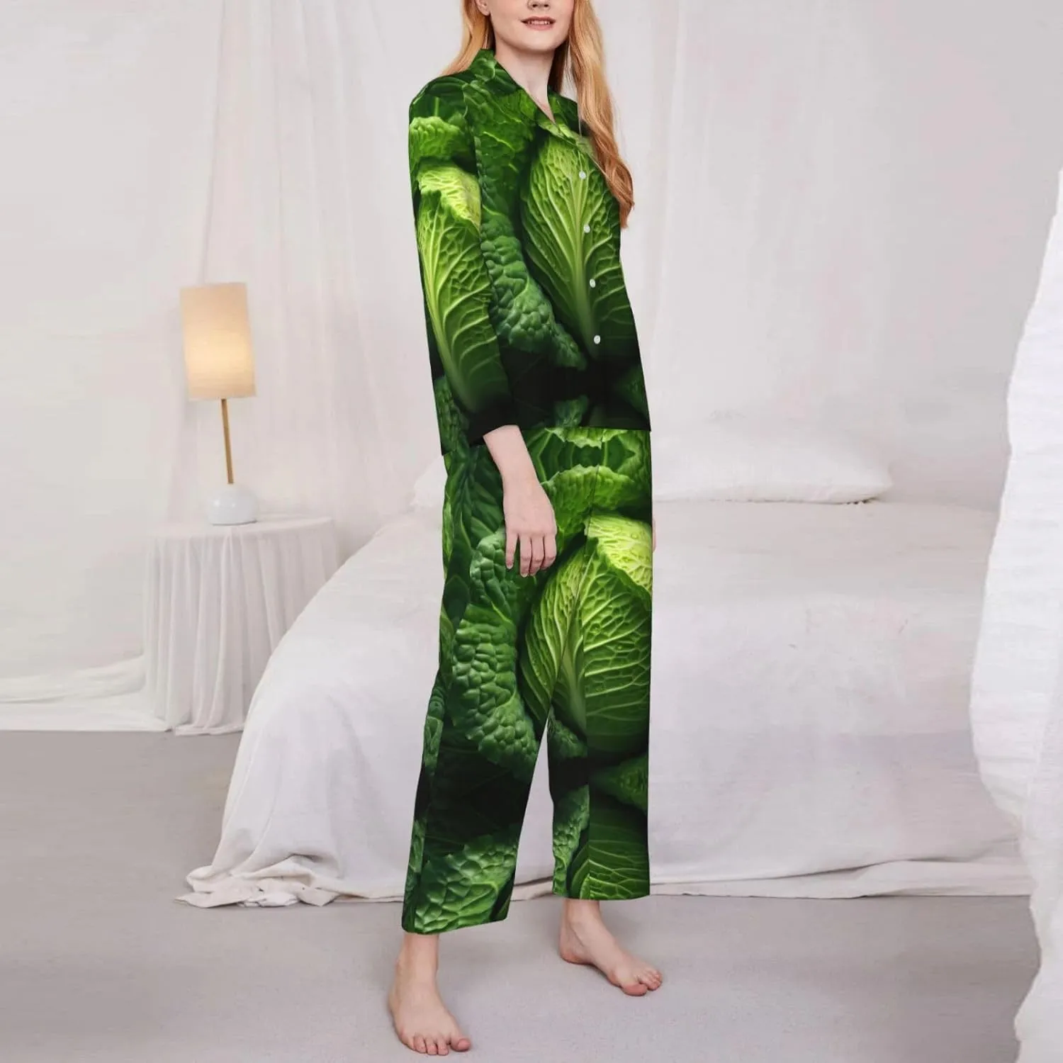 Bright Cabbage Print Women Button Pajama Set Long Sleeve Shirt and Pajama Pants Lounge Sets S-XXL
