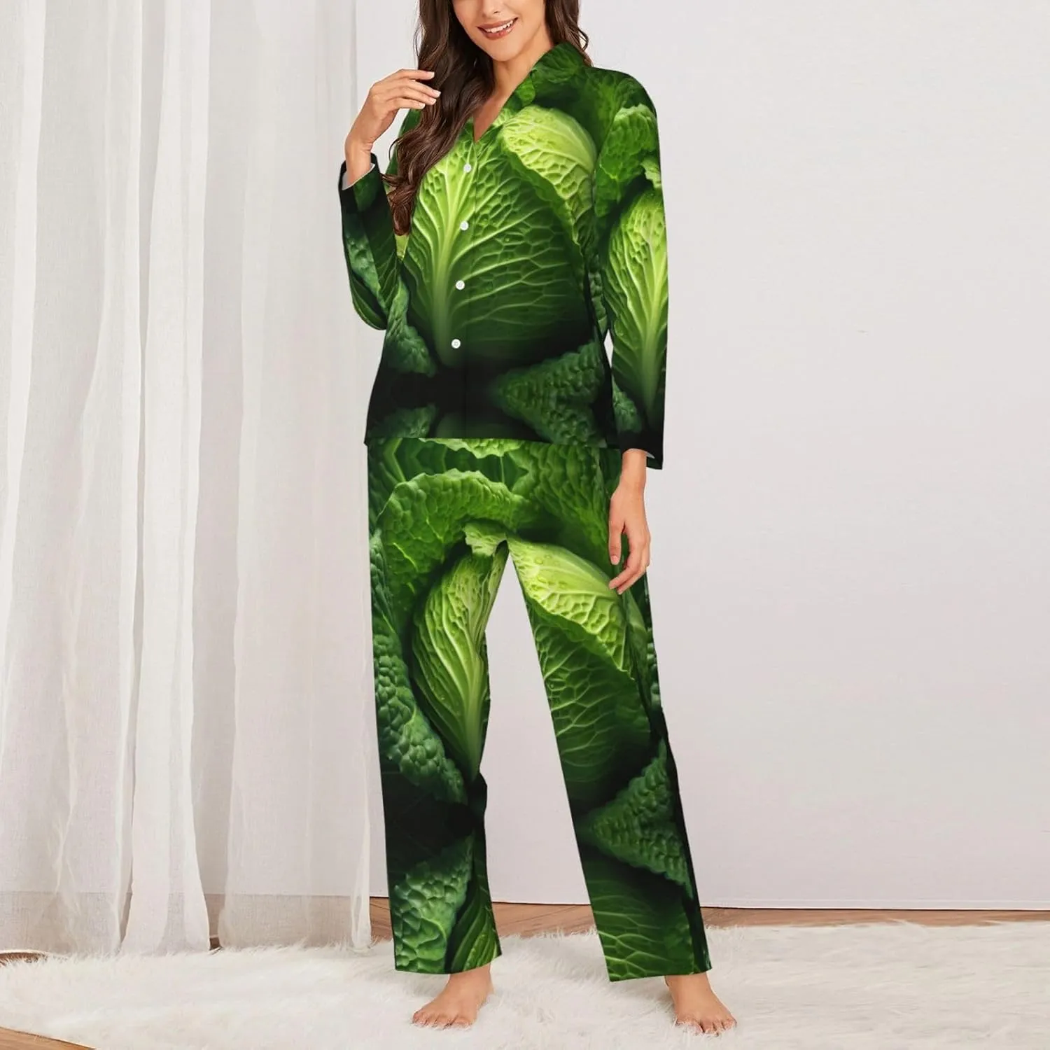 Bright Cabbage Print Women Button Pajama Set Long Sleeve Shirt and Pajama Pants Lounge Sets S-XXL