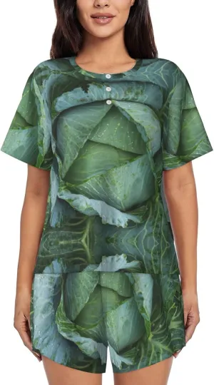 Bright Cabbage Print Women Convenient Short Sleeve Pajama Set Soft Comfortable Sleepwear For Ladies