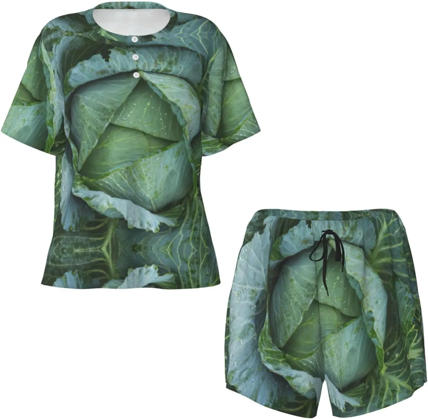 Bright Cabbage Print Women Convenient Short Sleeve Pajama Set Soft Comfortable Sleepwear For Ladies