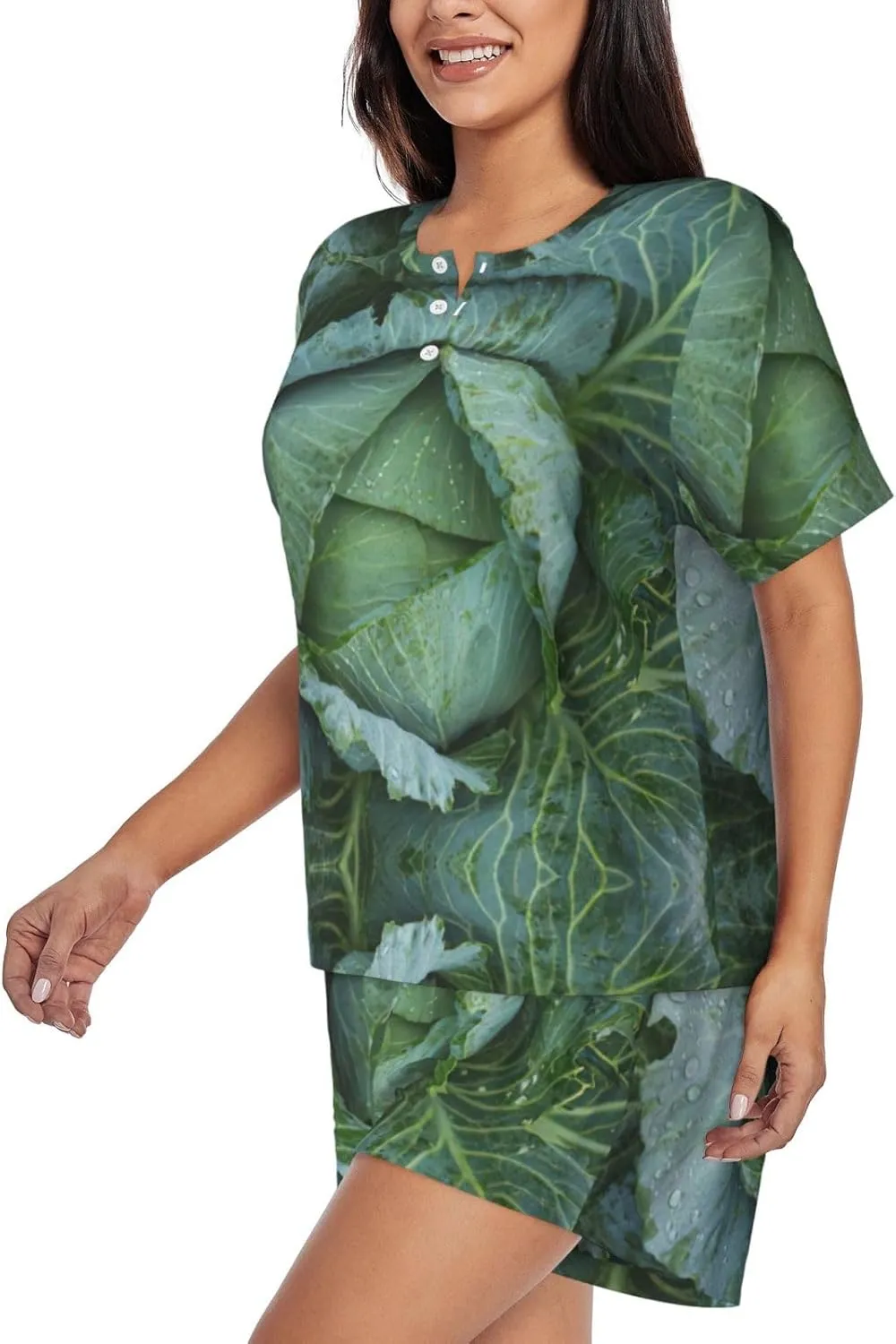 Bright Cabbage Print Women Convenient Short Sleeve Pajama Set Soft Comfortable Sleepwear For Ladies