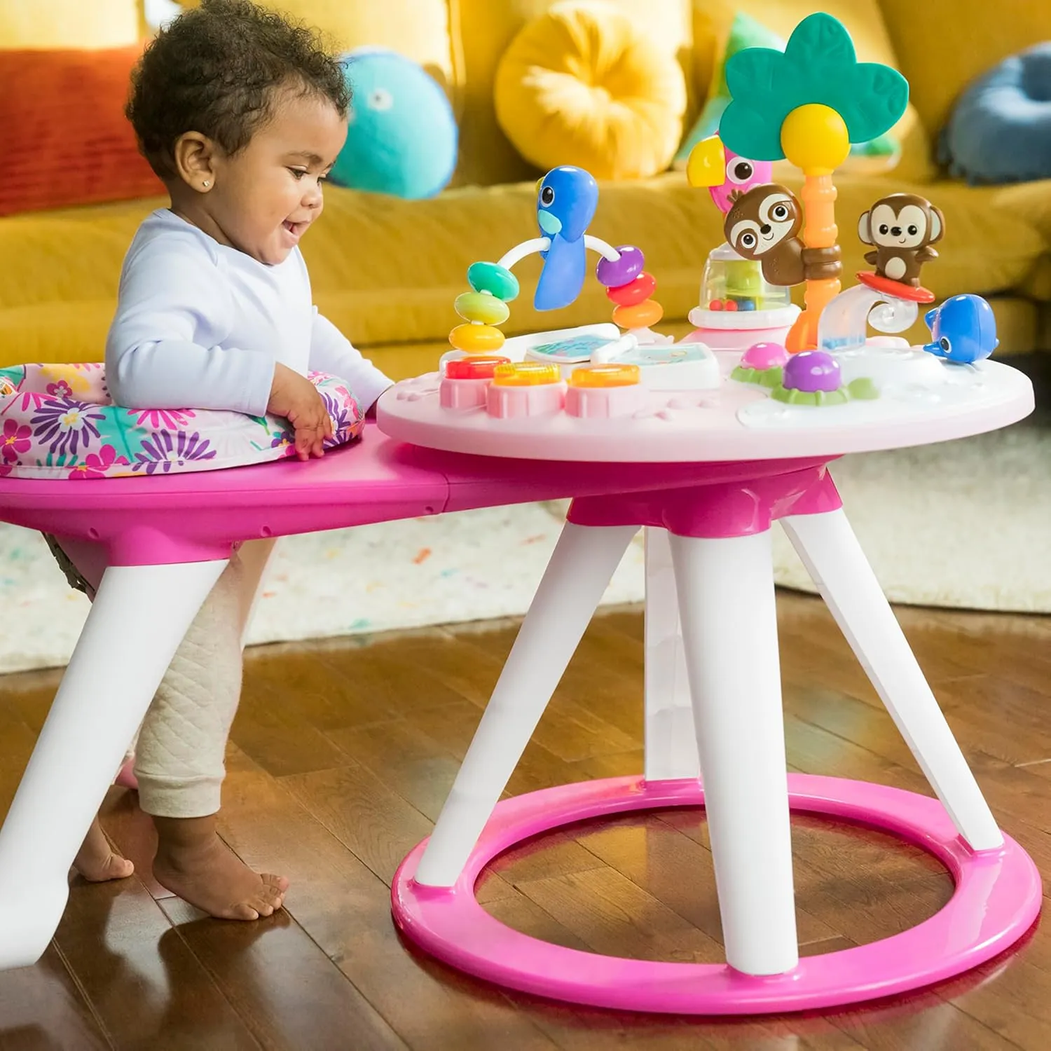 Bright Starts Around We Go 2-in-1 Baby Walker, Discovery Activity Center and Table, Tropic Coral, Ages 6 Months 