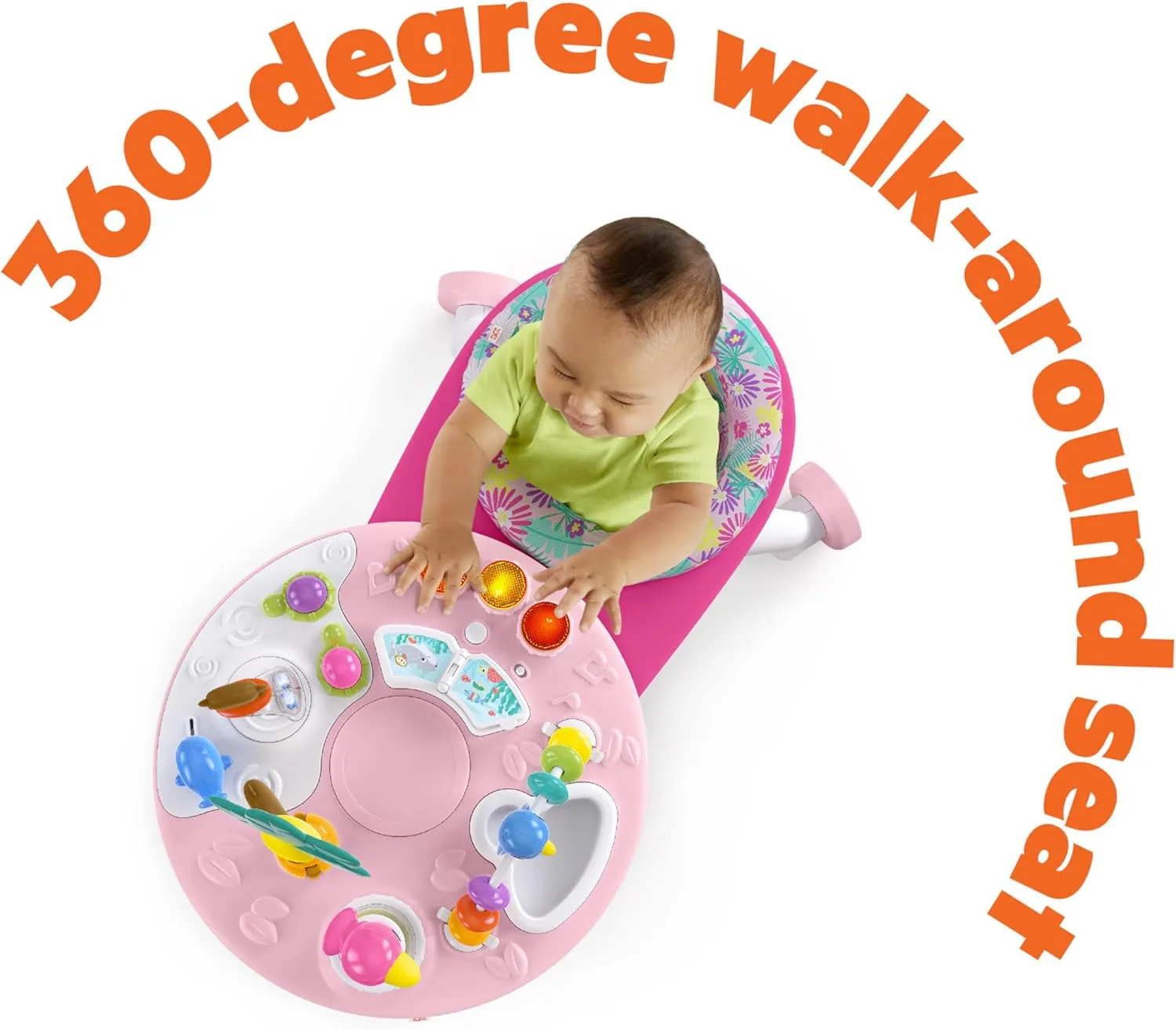 Bright Starts Around We Go 2-in-1 Baby Walker, Discovery Activity Center and Table, Tropic Coral, Ages 6 Months 