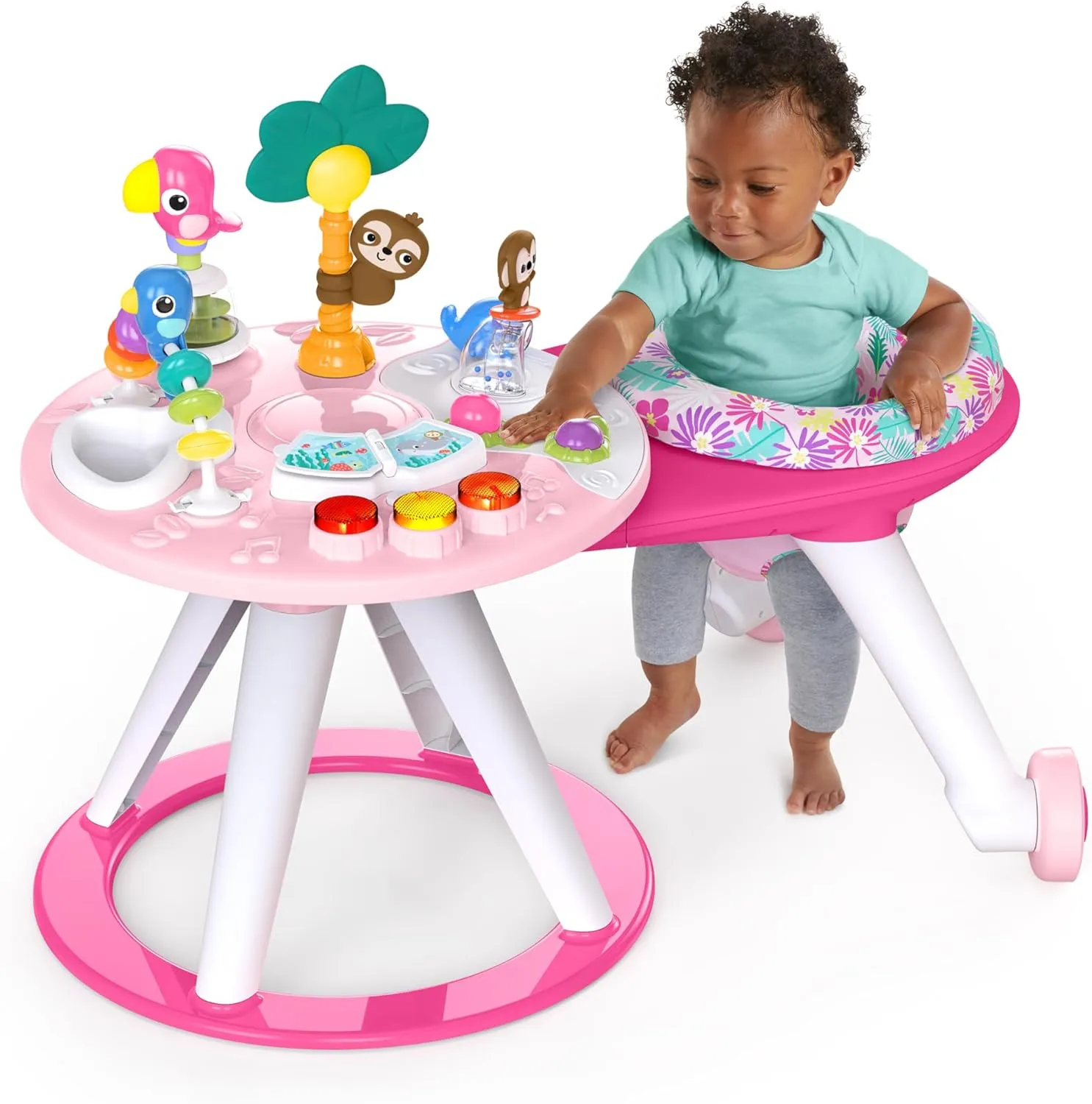 Bright Starts Around We Go 2-in-1 Baby Walker, Discovery Activity Center and Table, Tropic Coral, Ages 6 Months 