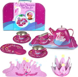 Bright Stripes Tin Tea Set for Kids, Pretend Play Toys for Kids With Carry Case, Tea Party Fun, Children’s Kitchen Accessories, Swan Princess