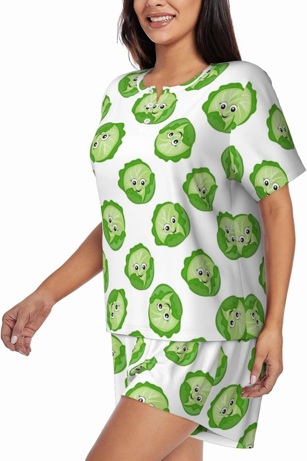 Bright Cabbage Cute Eyes Funny Women's Pajama Sets - Soft Short Sleeve Sleepwear Pj Sets For Women with Pockets