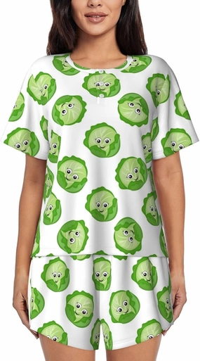Bright Cabbage Cute Eyes Funny Women's Pajama Sets - Soft Short Sleeve Sleepwear Pj Sets For Women with Pockets