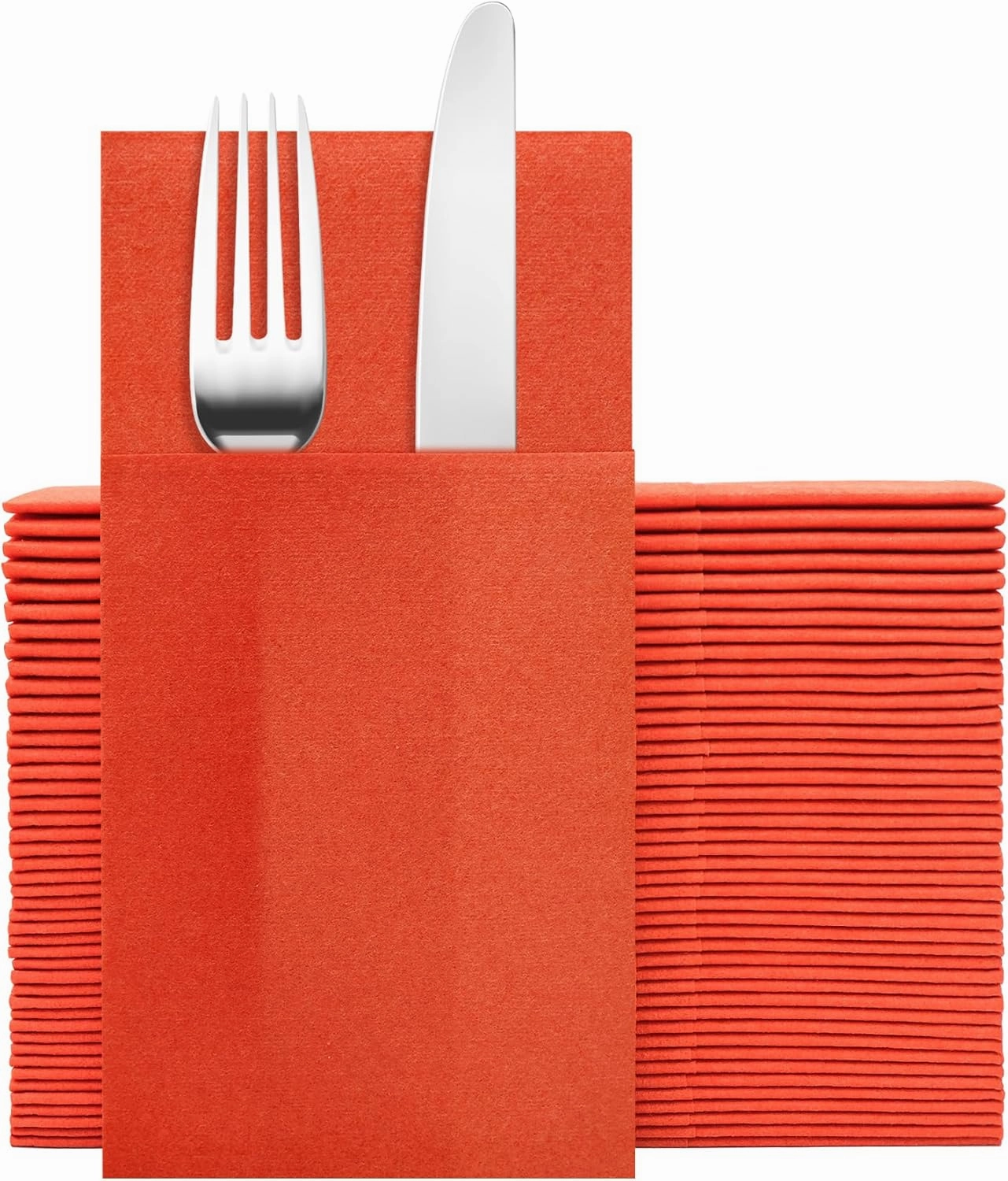 Bright Orange Napkins Hand Towels Disposable, Linen-Feel Dinner Napkins with Prefolded Built-in Flatware Pocket, Guest Paper Hand Towels For Halloween, Dinner Or Party (16x16in, 50Pack）