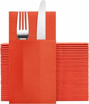 Bright Orange Napkins Hand Towels Disposable, Linen-Feel Dinner Napkins with Prefolded Built-in Flatware Pocket, Guest Paper Hand Towels For Halloween, Dinner Or Party (16x16in, 50Pack）