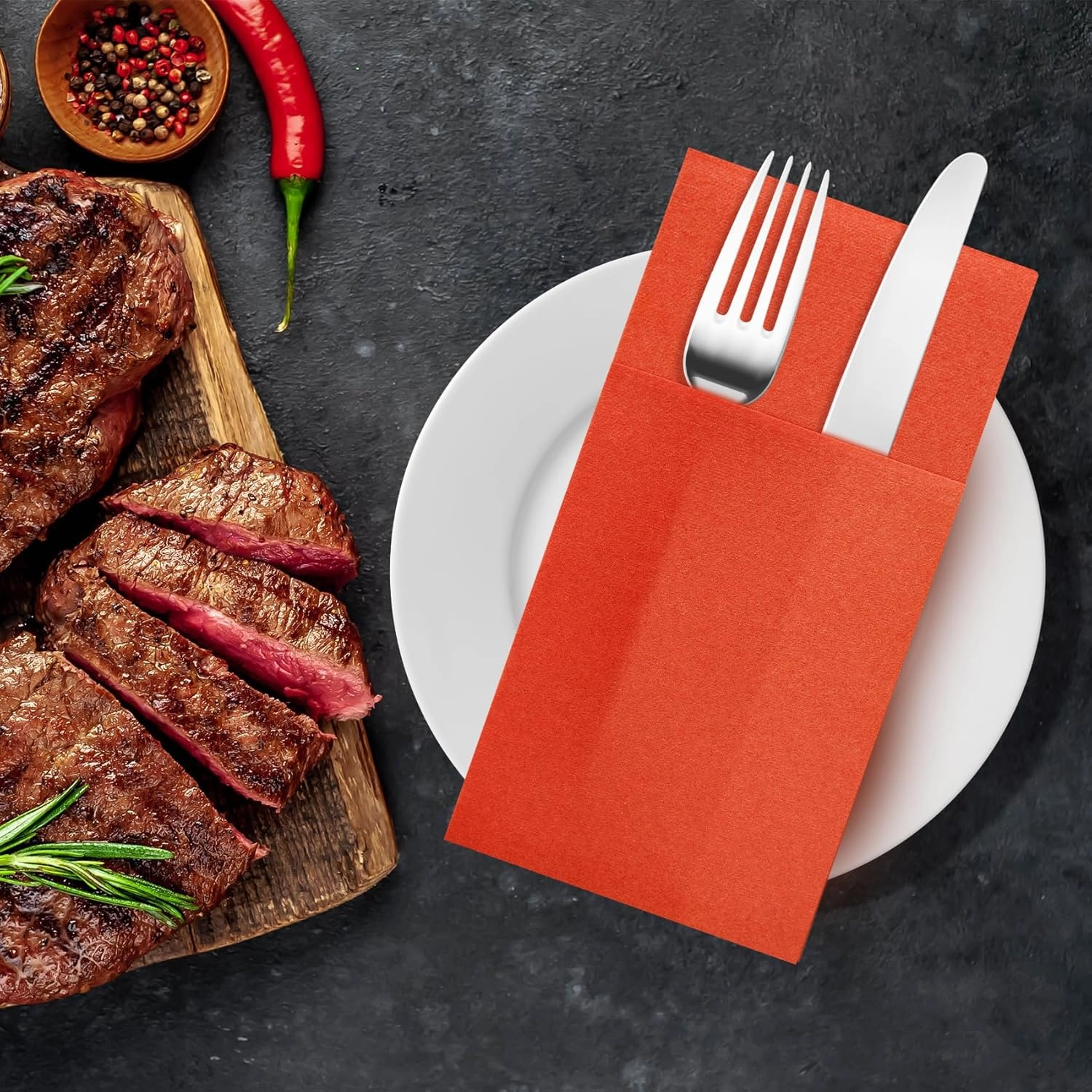 Bright Orange Napkins Hand Towels Disposable, Linen-Feel Dinner Napkins with Prefolded Built-in Flatware Pocket, Guest Paper Hand Towels For Halloween, Dinner Or Party (16x16in, 50Pack）