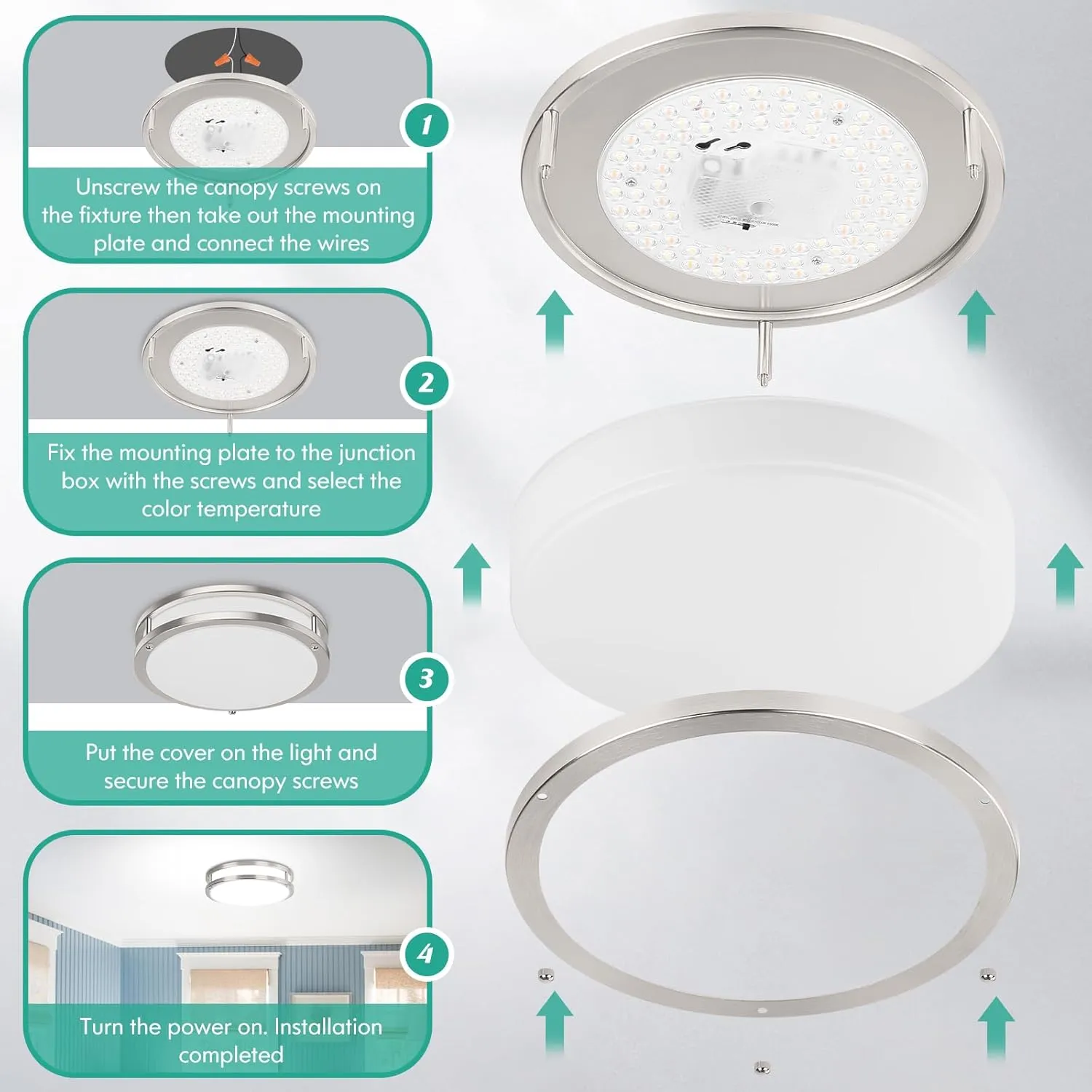 Brightever LED Ceiling Light Fixture, 30W 4000LM Modern Flush Mount Ceiling Lamps Dimmable, 2700K-6500K Adjusted 10 Inch Super Bright Bedroom Ceiling Lights for Kitchen Hallway, Brushed Nickle, 2-Pack