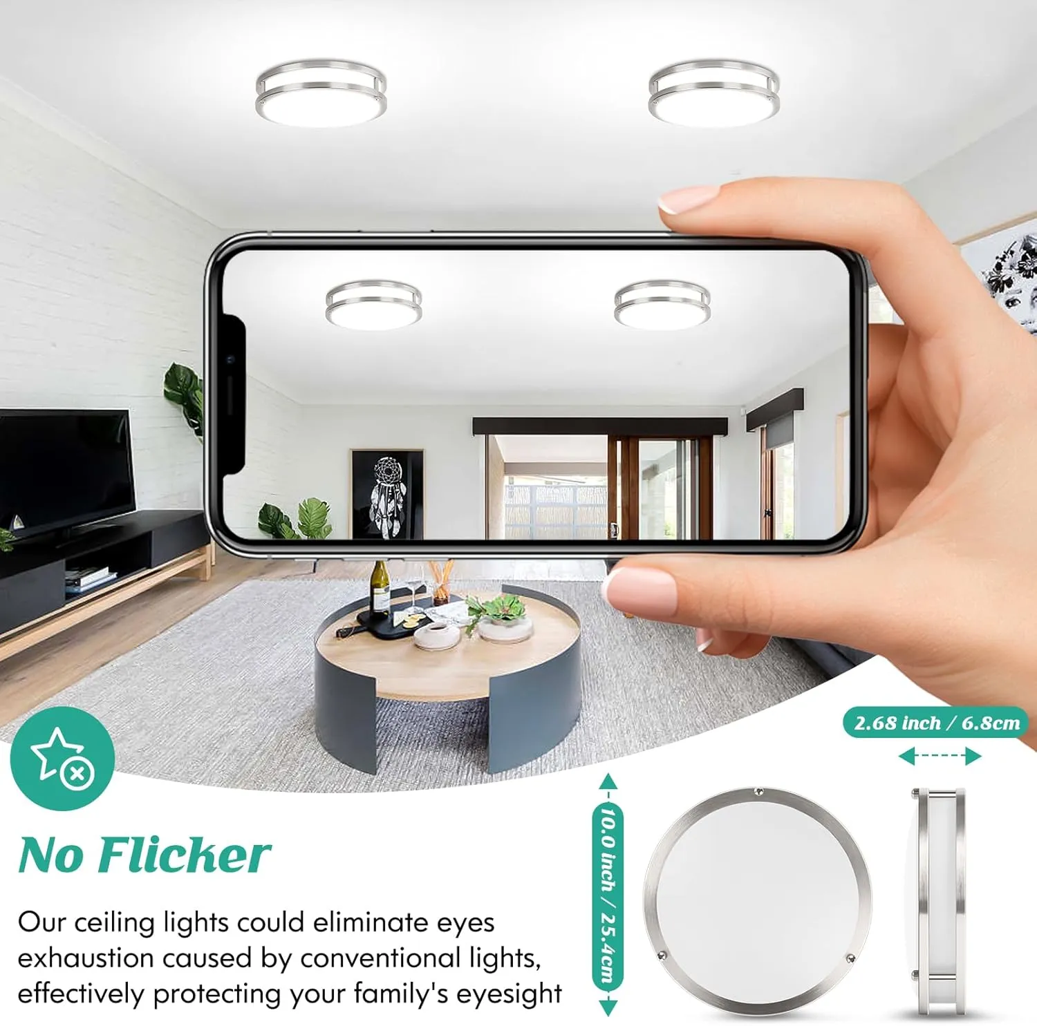 Brightever LED Ceiling Light Fixture, 30W 4000LM Modern Flush Mount Ceiling Lamps Dimmable, 2700K-6500K Adjusted 10 Inch Super Bright Bedroom Ceiling Lights for Kitchen Hallway, Brushed Nickle, 2-Pack