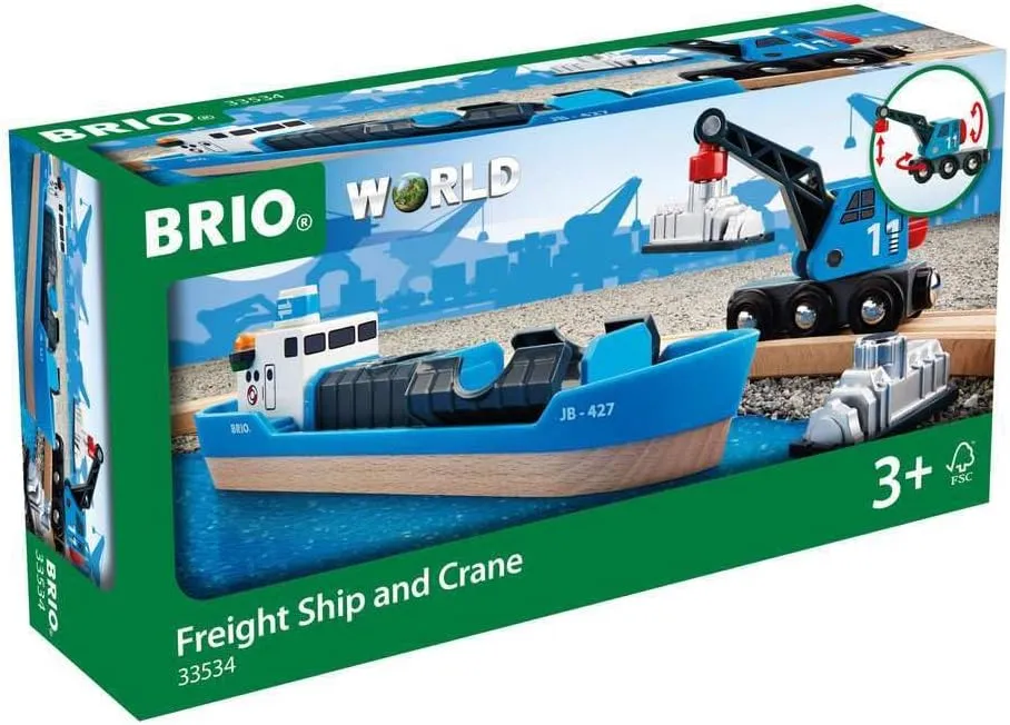 BRIO World - 33534 Container Ship and Crane Wagon | Premium 4-Piece Kids Train Set Toy | Enhances Motor Skills & Creativity | Compatible with All Toys | Ideal for Toddlers Age 3 
