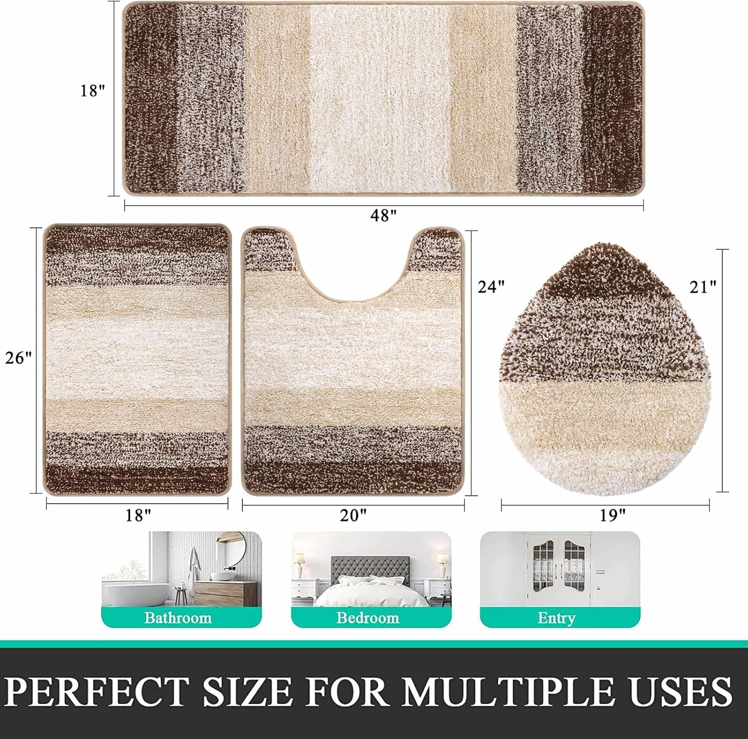 Bsmathom Bathroom Rug Set - 4 Piece with Toilet Cover, Plush Shaggy Non Slip Washable Microfiber Bathroom Mat with U-Shaped Contour, Dark Coffee