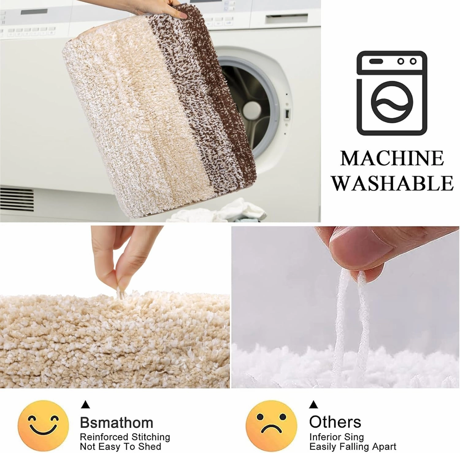 Bsmathom Bathroom Rug Set - 4 Piece with Toilet Cover, Plush Shaggy Non Slip Washable Microfiber Bathroom Mat with U-Shaped Contour, Dark Coffee