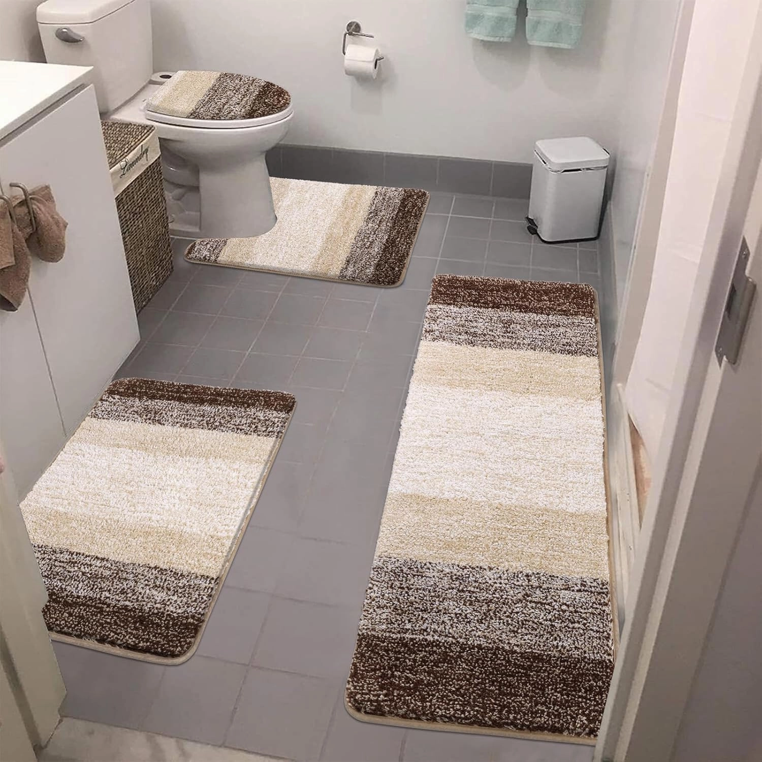 Bsmathom Bathroom Rug Set - 4 Piece with Toilet Cover, Plush Shaggy Non Slip Washable Microfiber Bathroom Mat with U-Shaped Contour, Dark Coffee