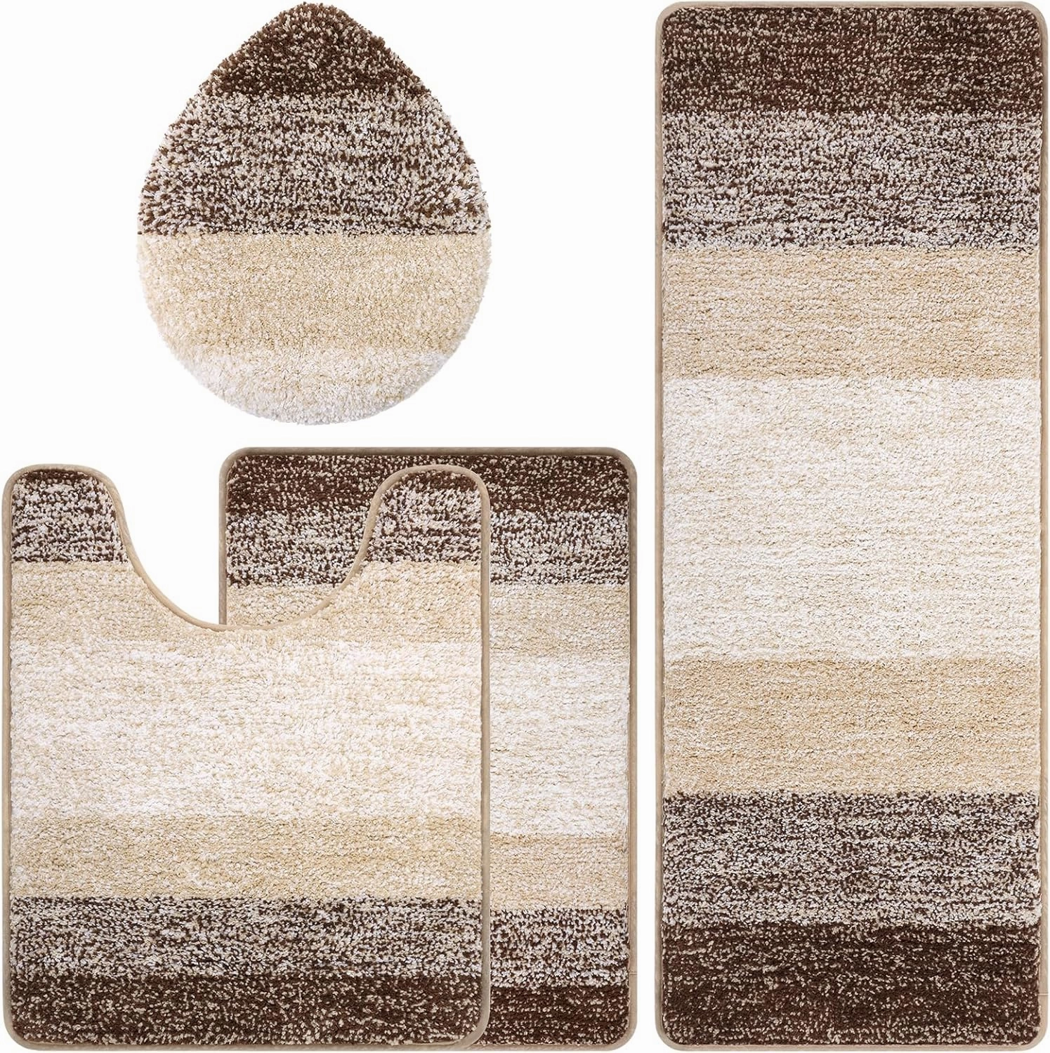 Bsmathom Bathroom Rug Set - 4 Piece with Toilet Cover, Plush Shaggy Non Slip Washable Microfiber Bathroom Mat with U-Shaped Contour, Dark Coffee