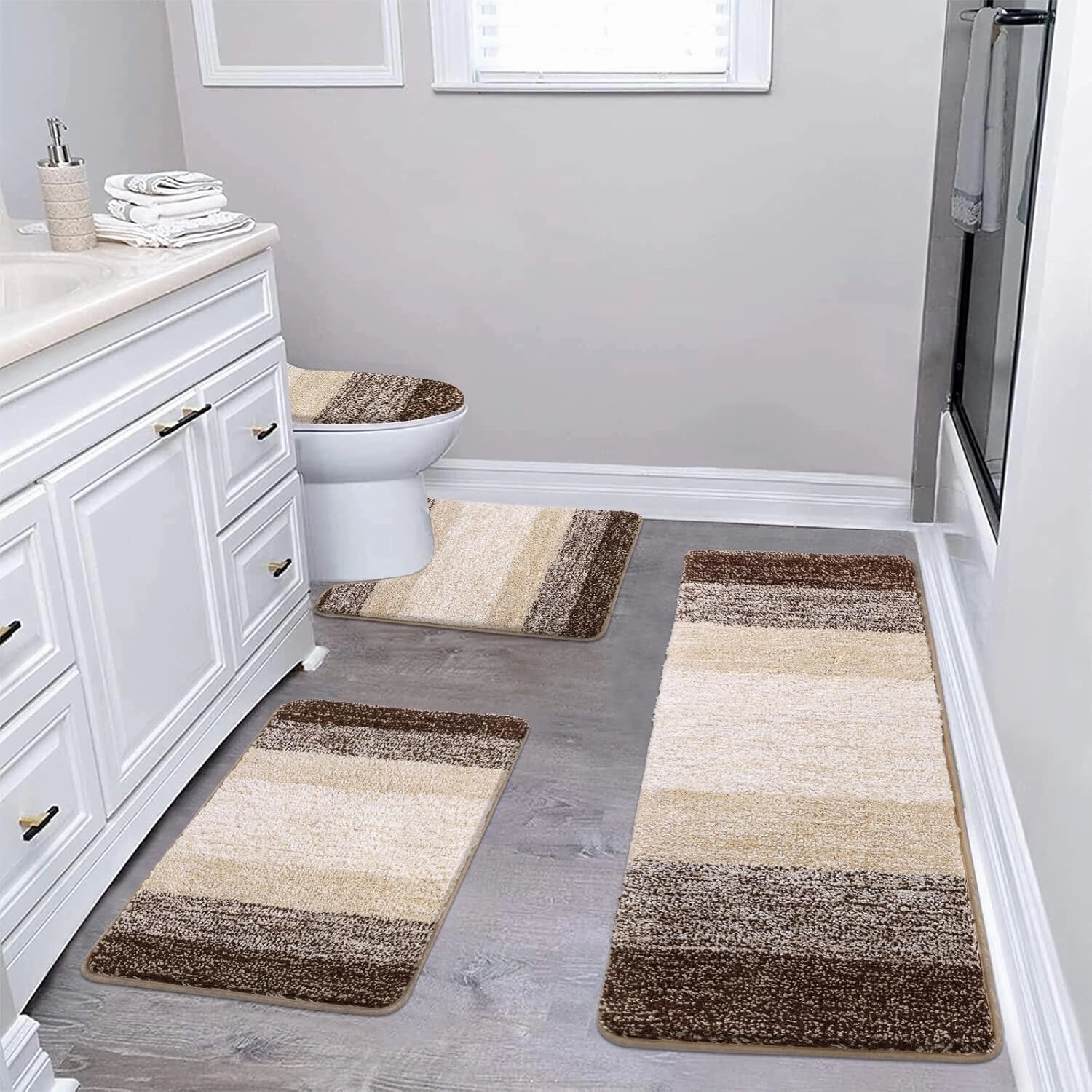 Bsmathom Bathroom Rug Set - 4 Piece with Toilet Cover, Plush Shaggy Non Slip Washable Microfiber Bathroom Mat with U-Shaped Contour, Dark Coffee