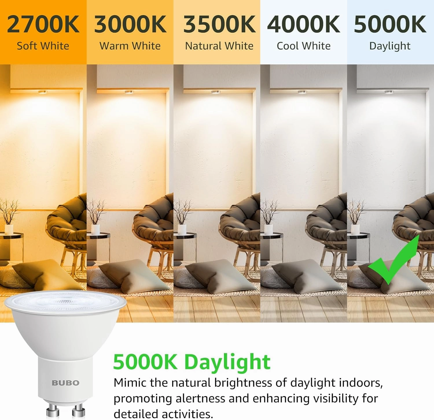 BUBO GU10 LED Bulb 6W Equivalent 50W, 5000K Daylight 650 Lumens, Non-Dimmable GU10 Bulb Replacement for Track Lighting, MR16 LED Bulb for Kitchen, Range Hood, Living Room, Bedroom, 10 Pack
