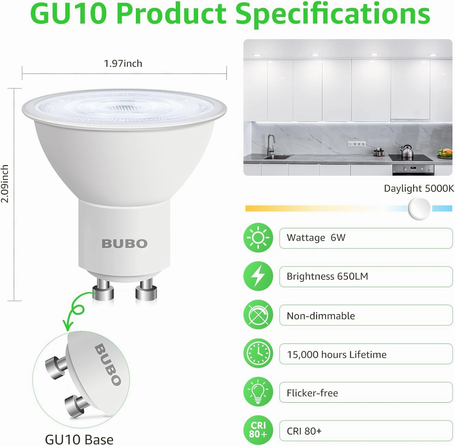 BUBO GU10 LED Bulb 6W Equivalent 50W, 5000K Daylight 650 Lumens, Non-Dimmable GU10 Bulb Replacement for Track Lighting, MR16 LED Bulb for Kitchen, Range Hood, Living Room, Bedroom, 10 Pack