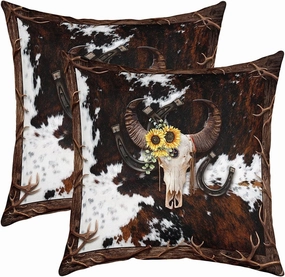 Bull Skull Pillow Cover Pack of 2 Southwest Cowboy Horseshoe Antler Cushion Case for Office Bedroom Farmhouse Style Cowhide Square Pillow Case for Sofa Couch 20x20 Inch