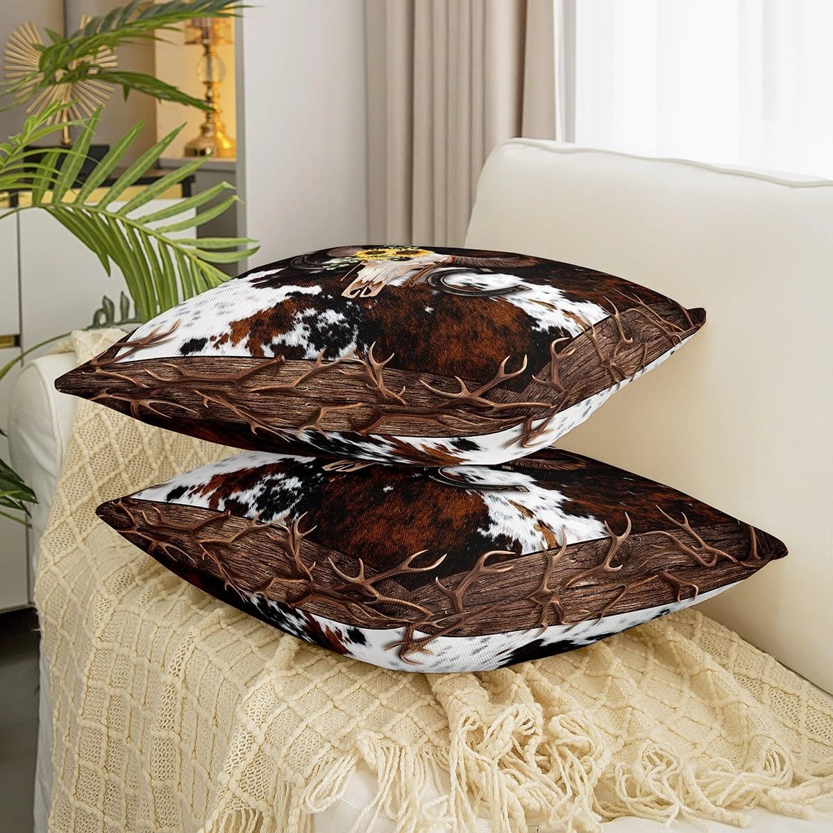 Bull Skull Pillow Cover Pack of 2 Southwest Cowboy Horseshoe Antler Cushion Case for Office Bedroom Farmhouse Style Cowhide Square Pillow Case for Sofa Couch 20x20 Inch