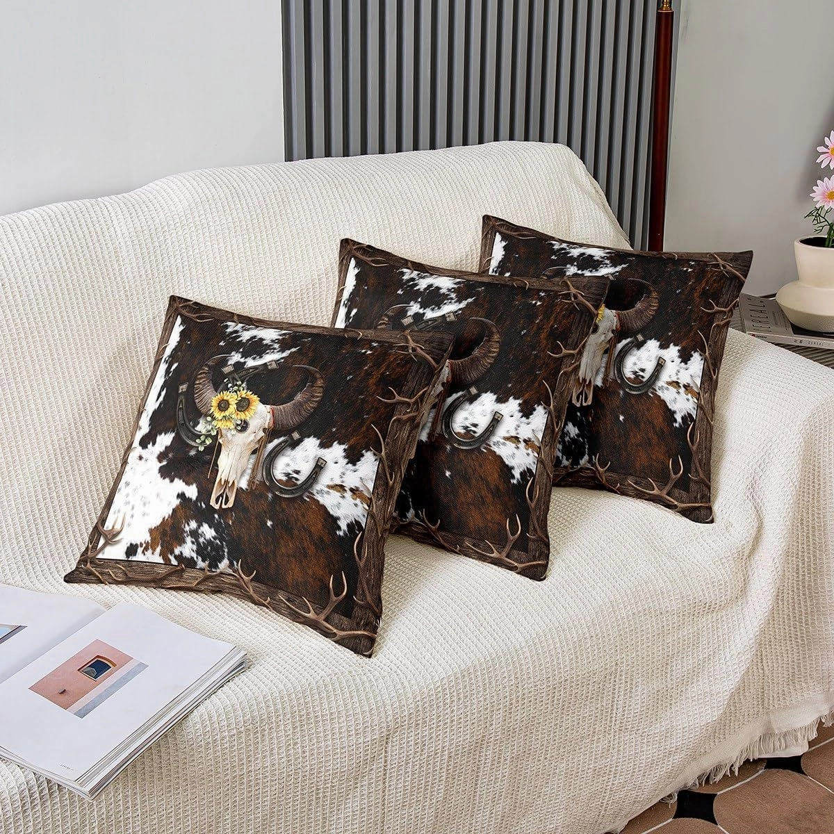 Bull Skull Pillow Cover Pack of 2 Southwest Cowboy Horseshoe Antler Cushion Case for Office Bedroom Farmhouse Style Cowhide Square Pillow Case for Sofa Couch 20x20 Inch
