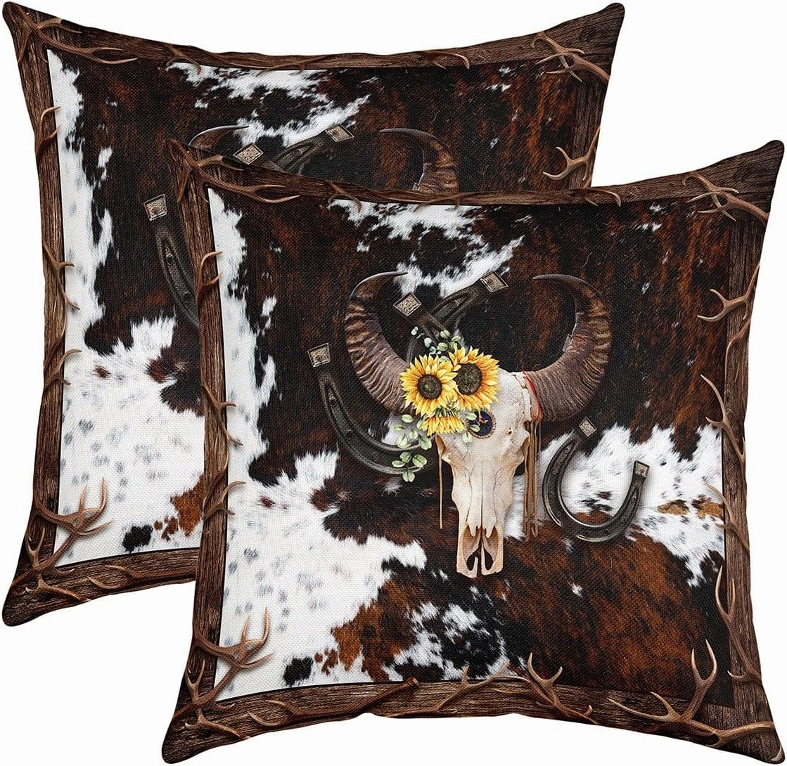 Bull Skull Pillow Cover Pack of 2 Southwest Cowboy Horseshoe Antler Cushion Case for Office Bedroom Farmhouse Style Cowhide Square Pillow Case for Sofa Couch 20x20 Inch