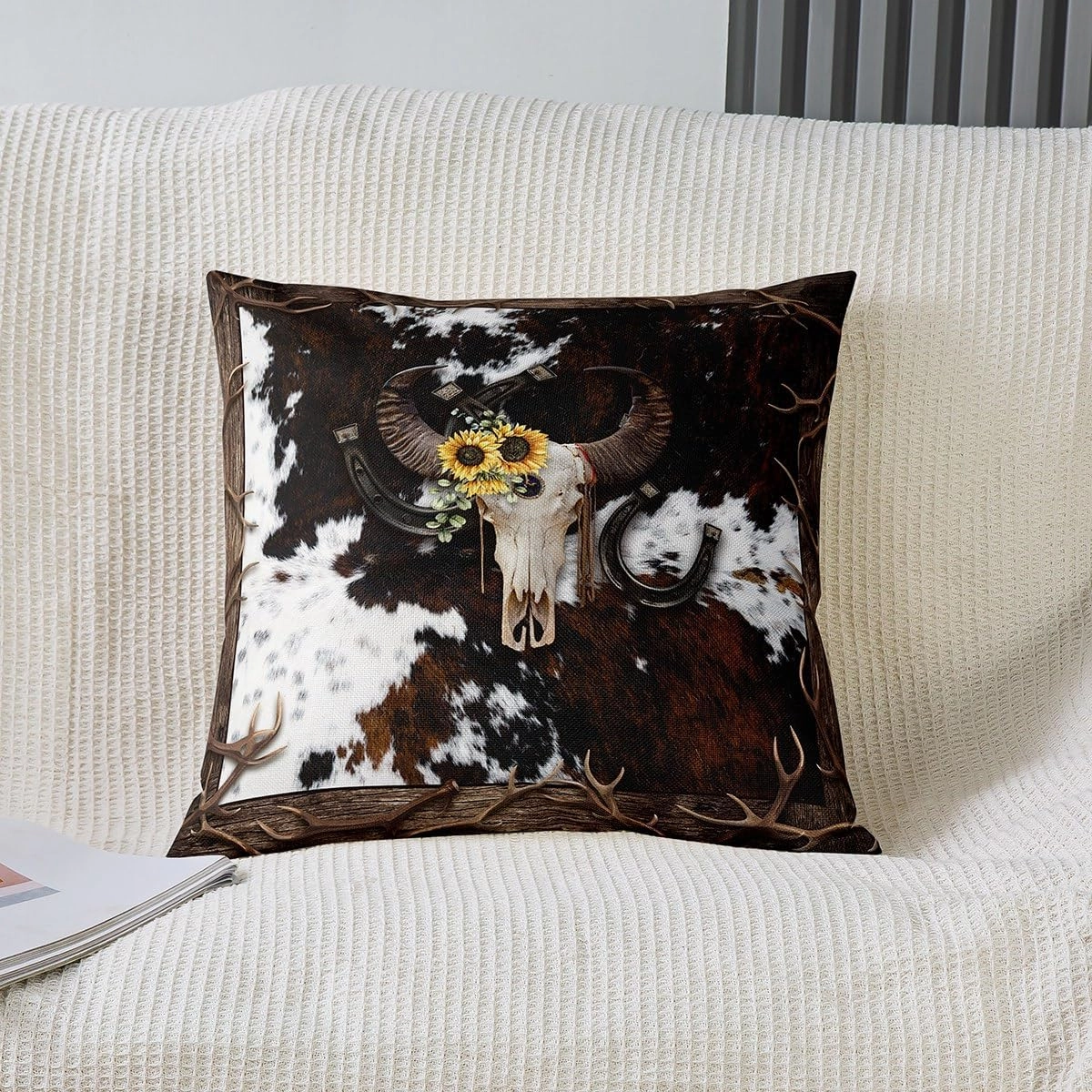 Bull Skull Pillow Cover Pack of 2 Southwest Cowboy Horseshoe Antler Cushion Case for Office Bedroom Farmhouse Style Cowhide Square Pillow Case for Sofa Couch 20x20 Inch