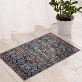 Camilla Boho Entry Rug, 2'×3' Washable Oriental Accent Door Mat, Non-Slip Floral Medallion Area Rug, Non-Shedding Vintage Rug with Low Pile for Bathroom, Laundry, Kitchen, Hallway, Navy
