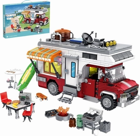 Camping Van Construction Toy 924 Pieces Building Block Set with Picnic Table Grill & Fire Scene Gift for Kids Teens & Vehicle Fans