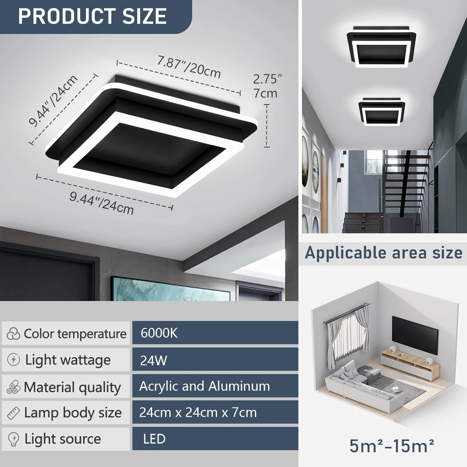 CANEOE Black Modern LED Ceiling Light, Square Flush Mount Ceiling Hallway Light Fxitures, 6000K Cold White Small Close to Ceilings Lamp for Bedroom Hallway Kitchen Balcony Cloakroom