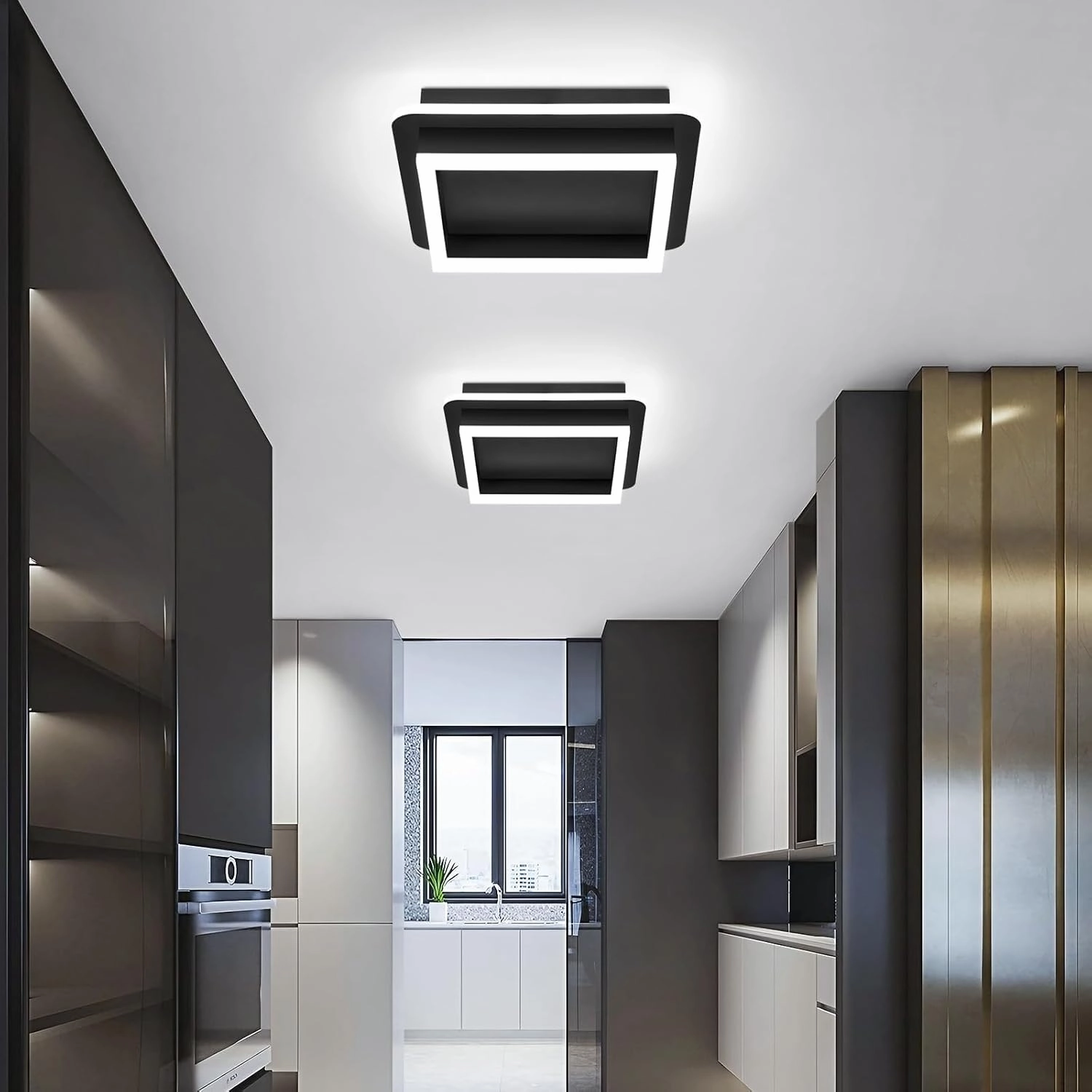 CANEOE Black Modern LED Ceiling Light, Square Flush Mount Ceiling Hallway Light Fxitures, 6000K Cold White Small Close to Ceilings Lamp for Bedroom Hallway Kitchen Balcony Cloakroom