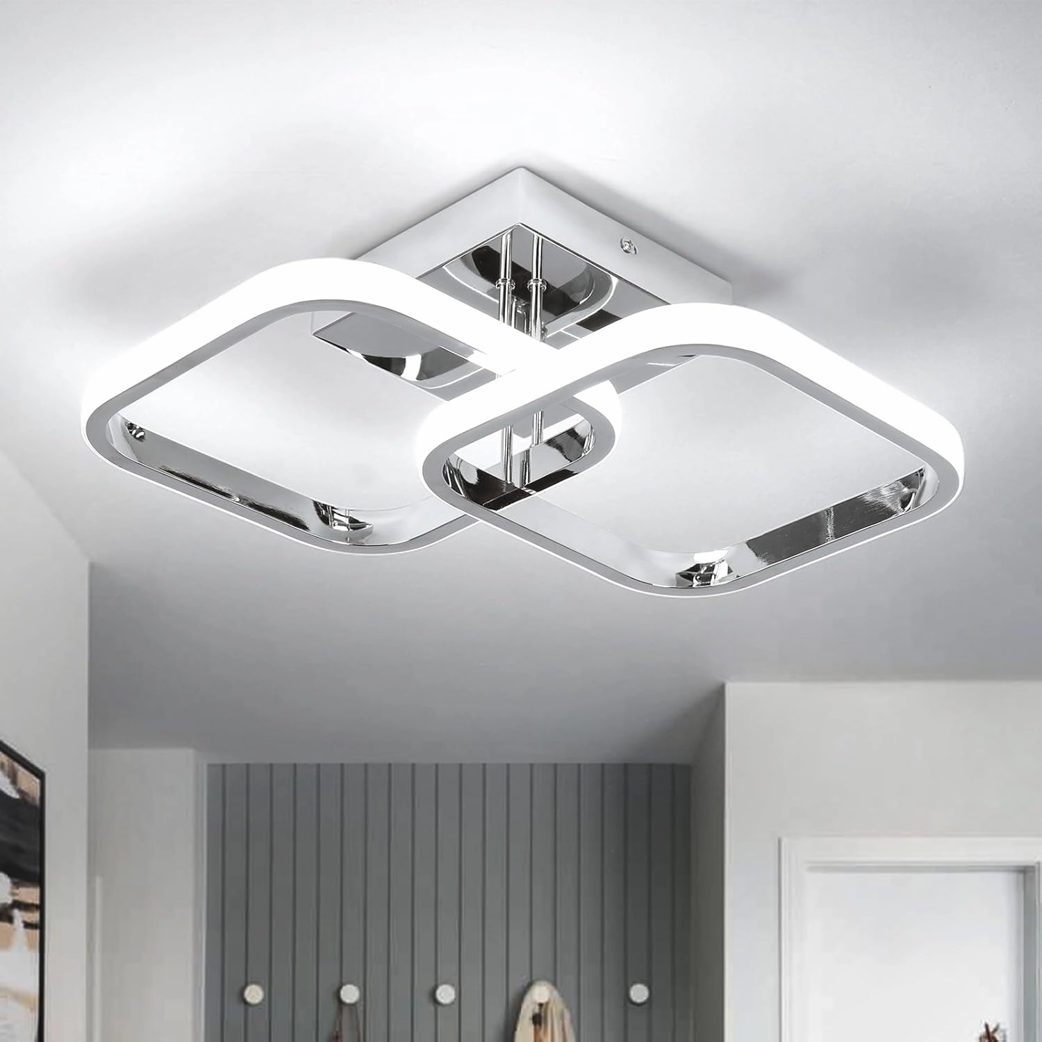 CANEOE Led Hallway Ceiling Light Fixtures, Square Modern Lamp, 6000K Chrome Finish Indoor Lighting Fixture for Living Room Bedroom Kitchen Bathroom Lights