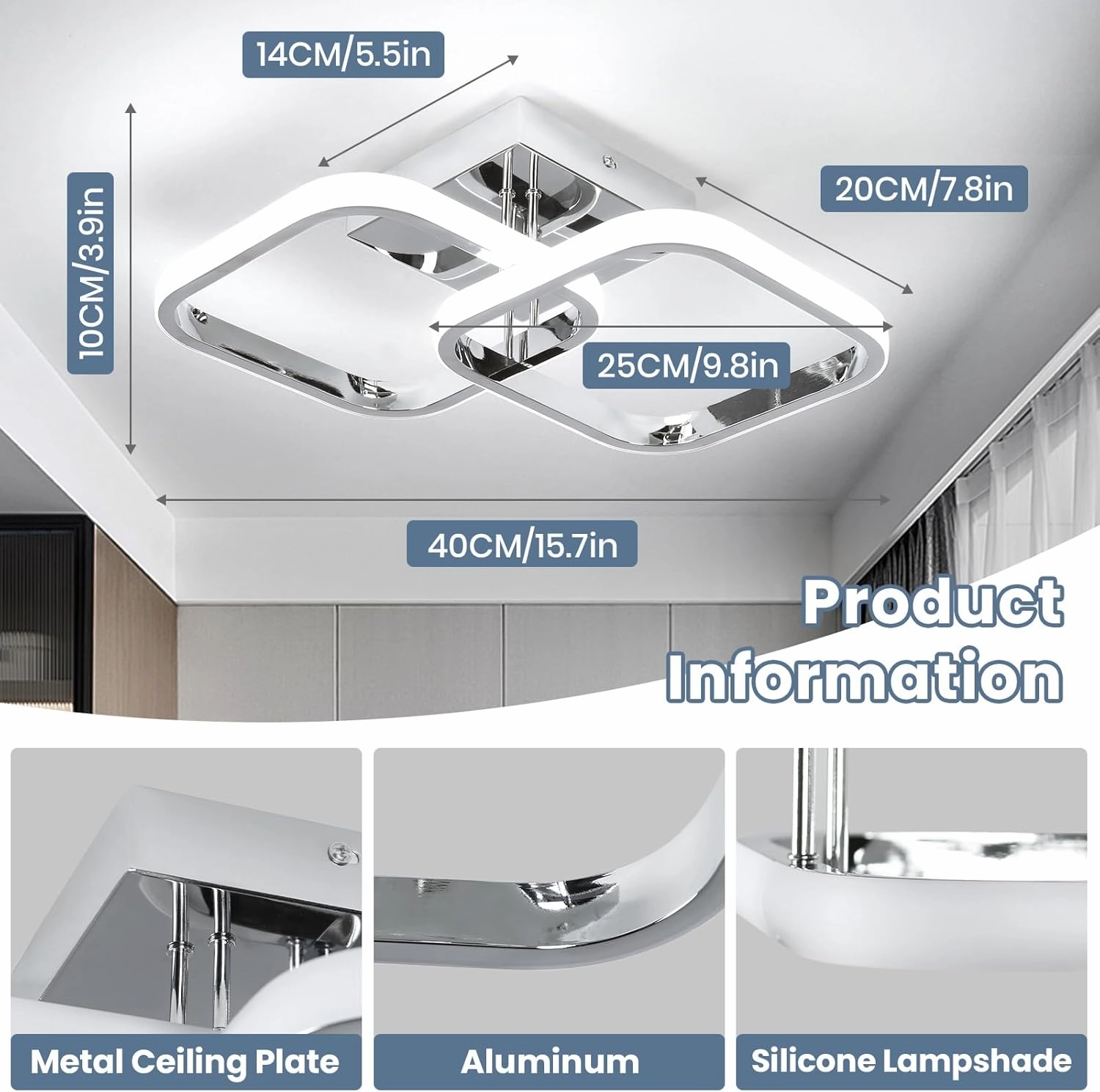 CANEOE Led Hallway Ceiling Light Fixtures, Square Modern Lamp, 6000K Chrome Finish Indoor Lighting Fixture for Living Room Bedroom Kitchen Bathroom Lights