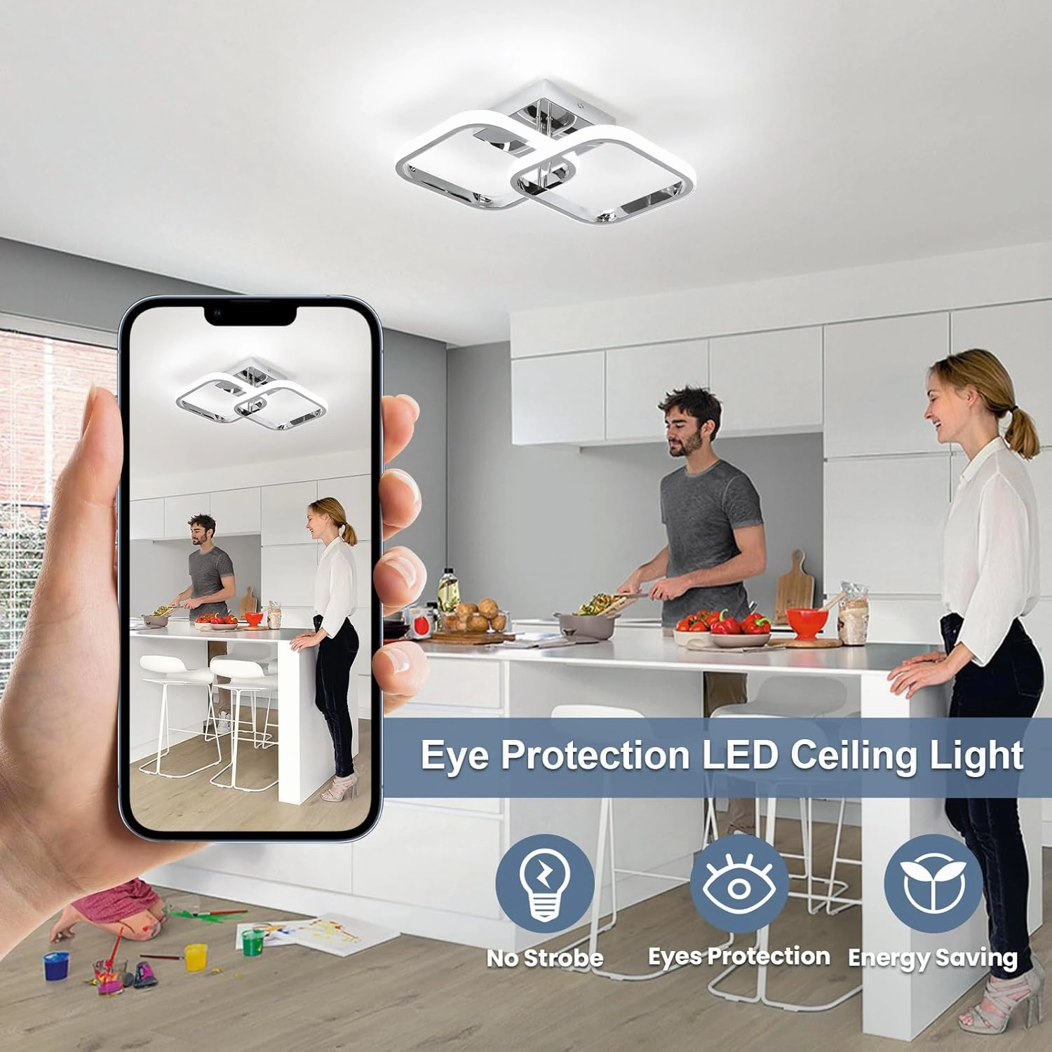 CANEOE Led Hallway Ceiling Light Fixtures, Square Modern Lamp, 6000K Chrome Finish Indoor Lighting Fixture for Living Room Bedroom Kitchen Bathroom Lights