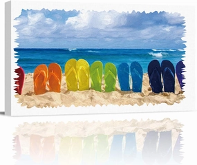 Canvas Wall Art Blue Beach Colorful Flip Flops Picture Framed Abstract Painting Print Wall Art for Bedroom Bathroom Kitchen Decor,Ready to Hang,Gift 8"x16"