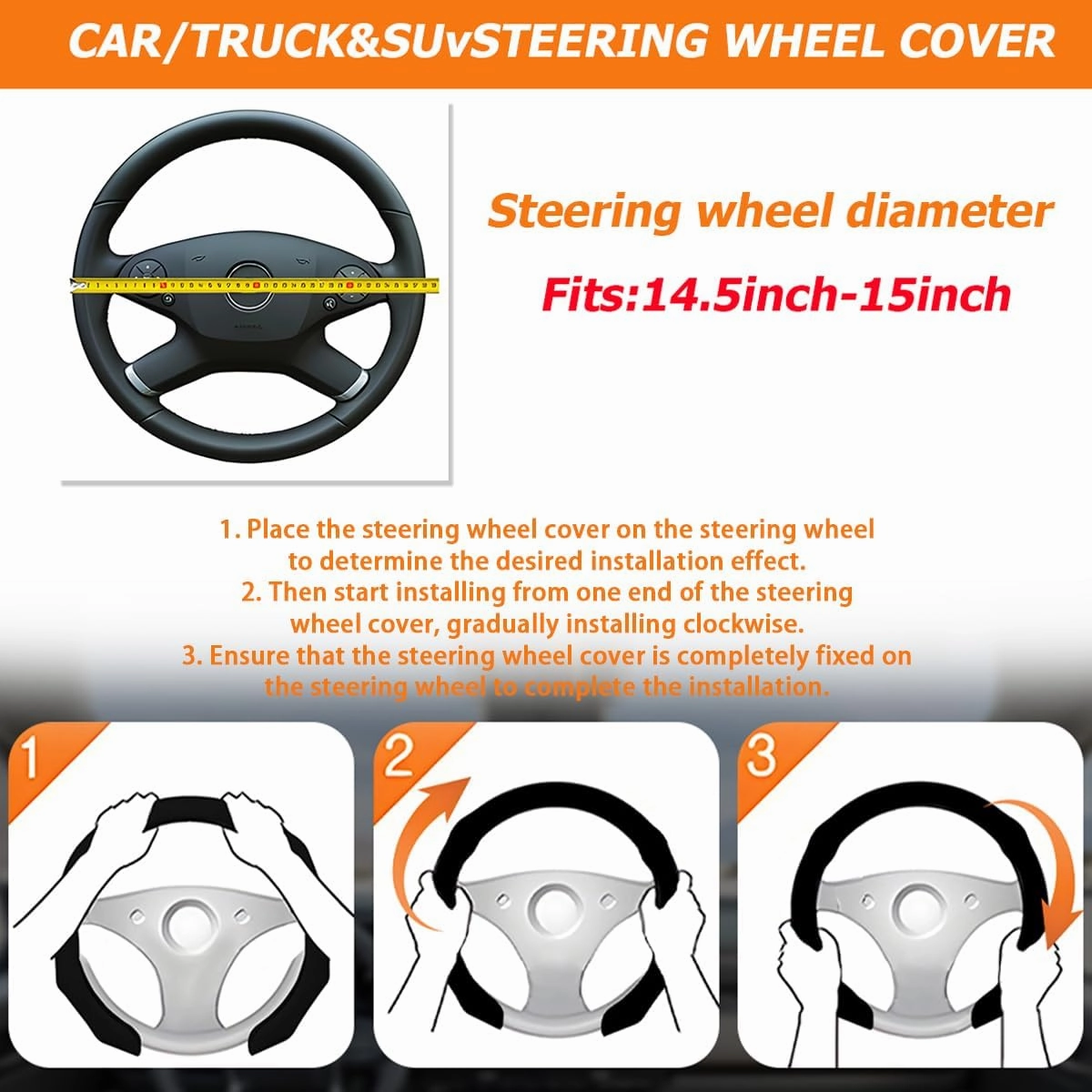 Car Steering Wheel Cover, 15 Inch Leather Non Slip Vehicle Steering Wheel Cover Protector, Comfortable Automotive Interior Protection Accessories, Universal for SUV Sedan Truck(Black)