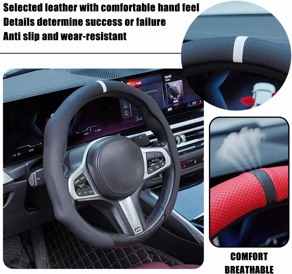 Car Steering Wheel Cover, 15 Inch Leather Non Slip Vehicle Steering Wheel Cover Protector, Comfortable Automotive Interior Protection Accessories, Universal for SUV Sedan Truck(Black)