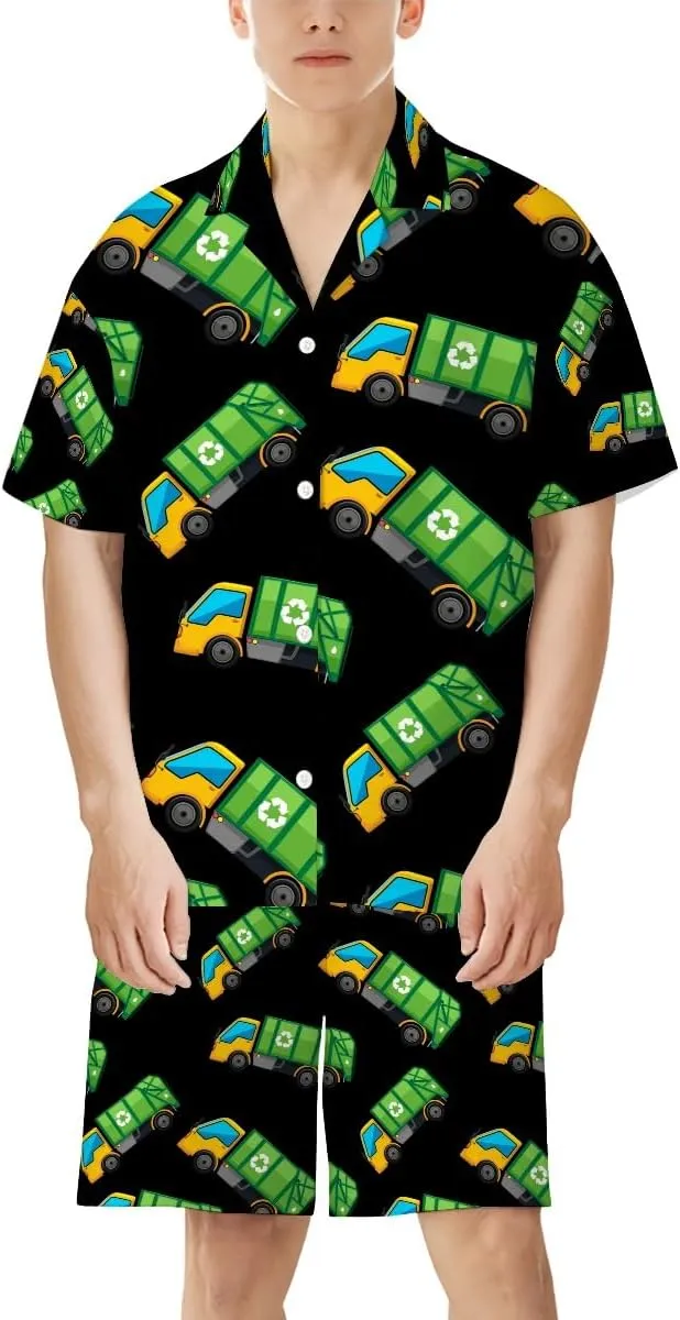 Cartoon Garbage Truck Mens Pajamas Set Short Sleeve Top Shorts Lounge Sleepwear Pjs S