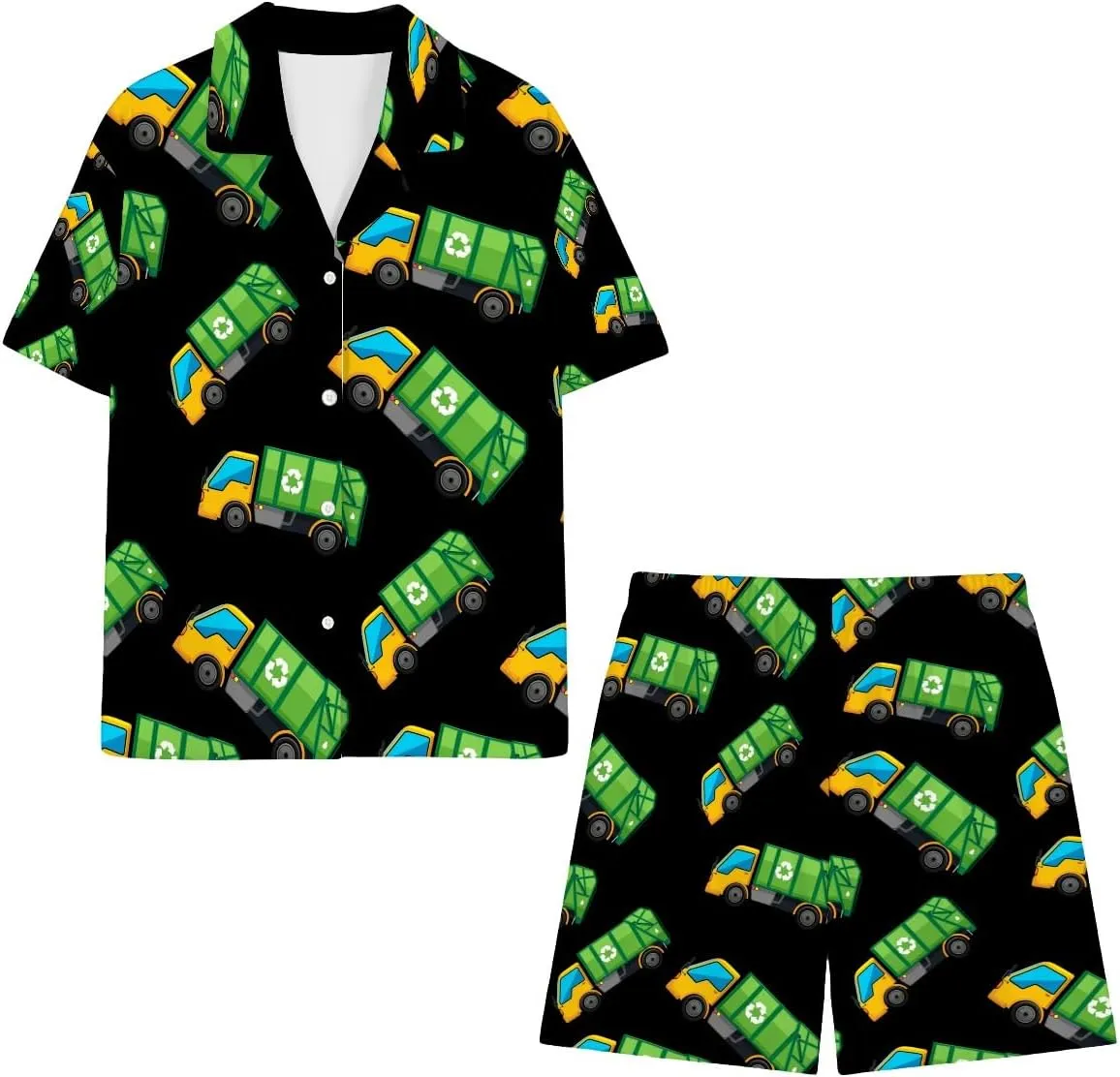 Cartoon Garbage Truck Mens Pajamas Set Short Sleeve Top Shorts Lounge Sleepwear Pjs S
