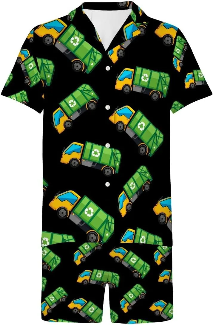 Cartoon Garbage Truck Mens Pajamas Set Short Sleeve Top Shorts Lounge Sleepwear Pjs S