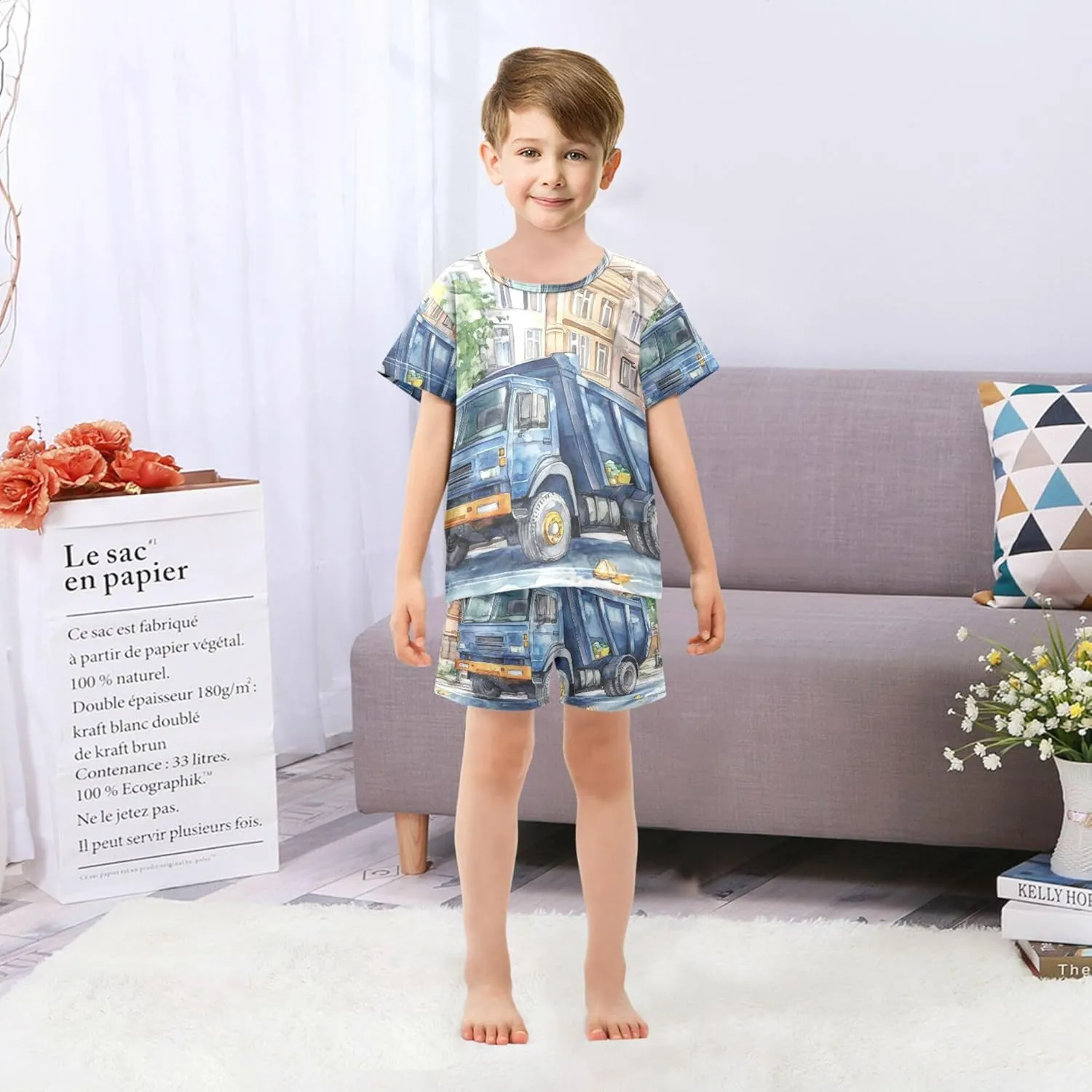 Cartoon Garbage Truck Pajamas Short Set 2 Piece Summer Sleepwear