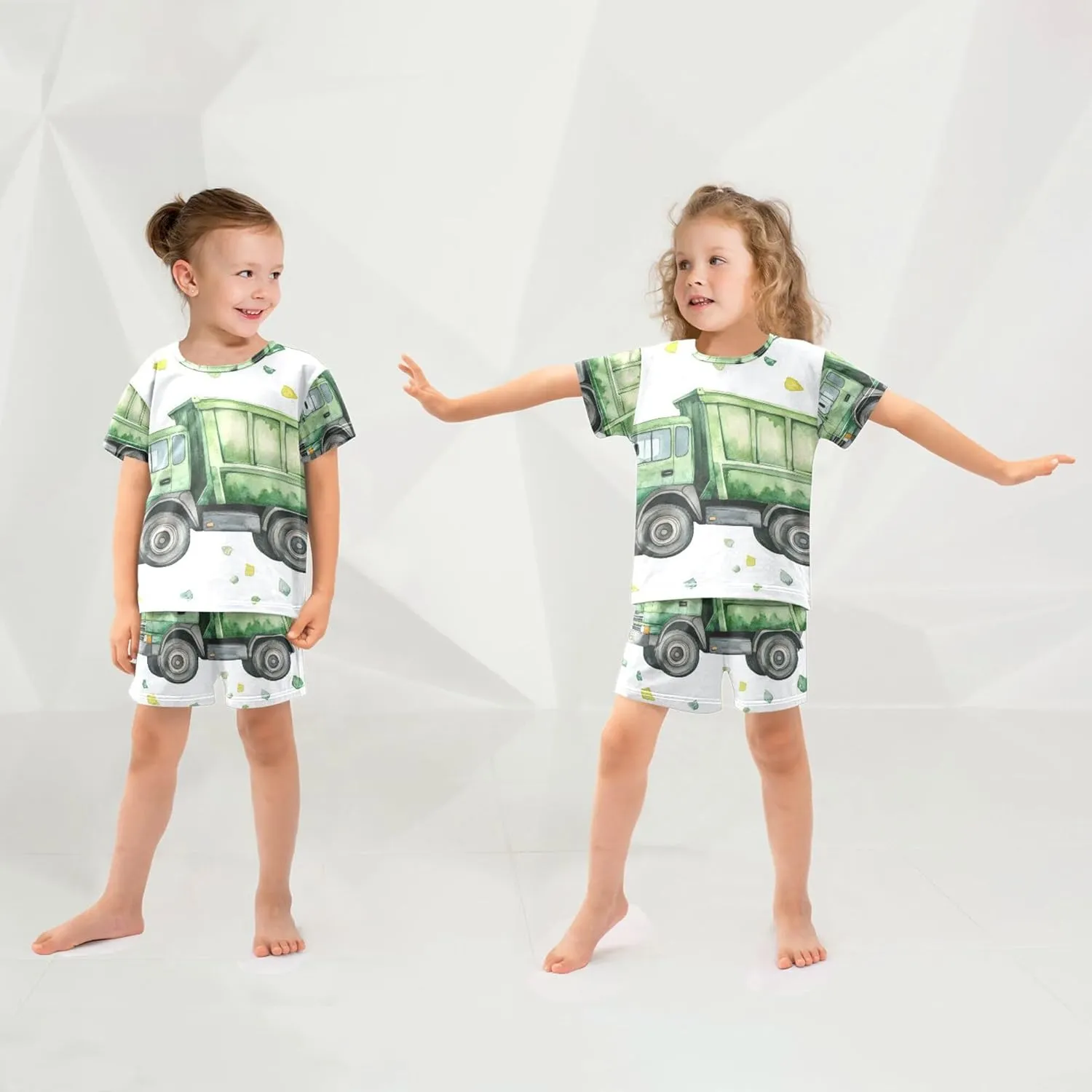 Cartoon Green Garbage Truck Pajamas Short Set 2 Piece Summer Sleepwear