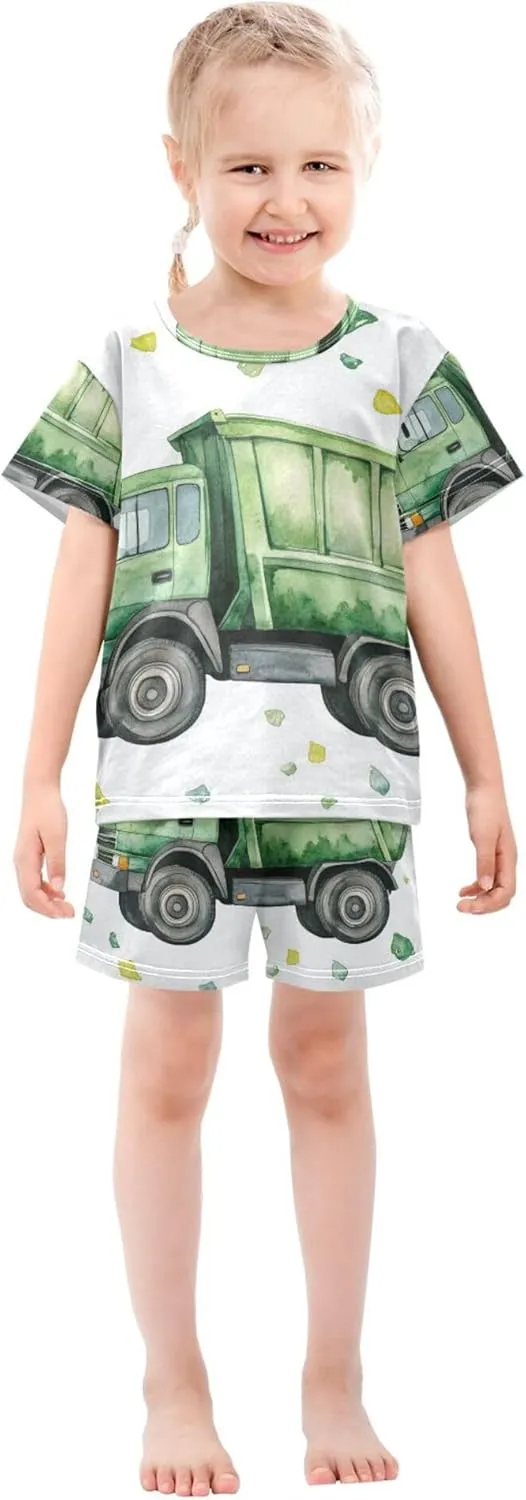 Cartoon Green Garbage Truck Pajamas Short Set 2 Piece Summer Sleepwear